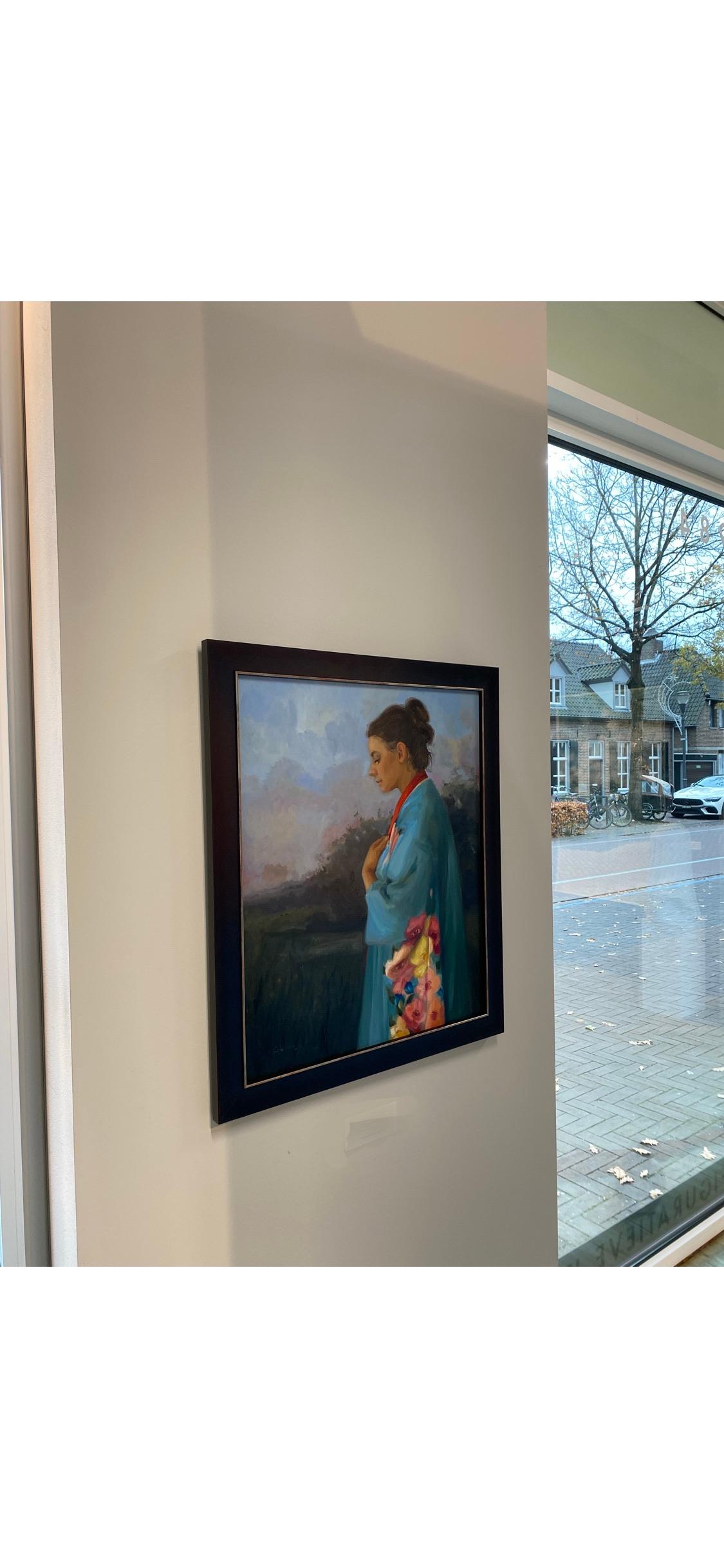 Rêves du matin - Peinture de figure du 21e siècle représentant une jeune fille à la robe bleue en vente 4