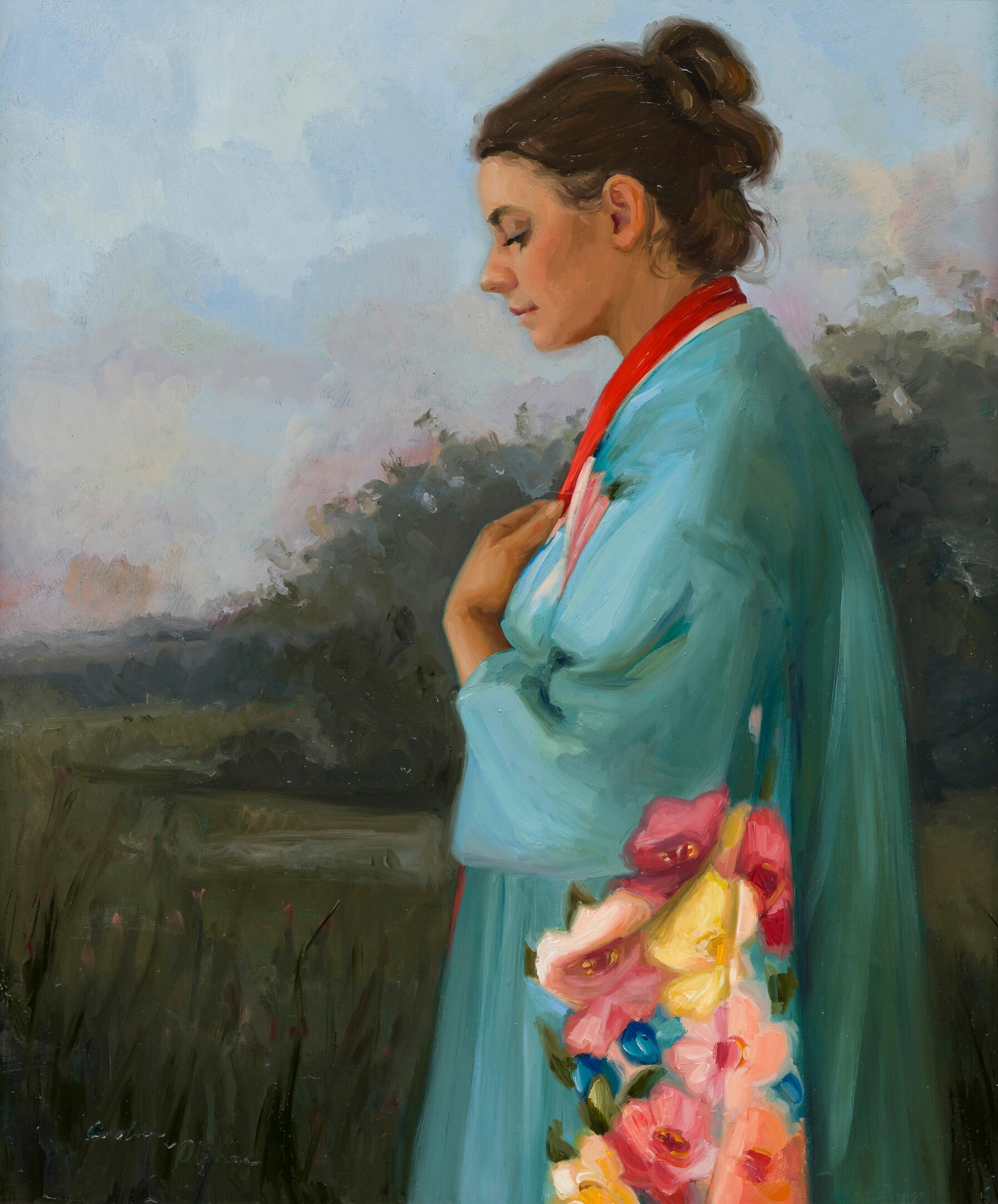 Morning Dreams - 21st Century Figure Painting of a Girl with a Blue Robe
