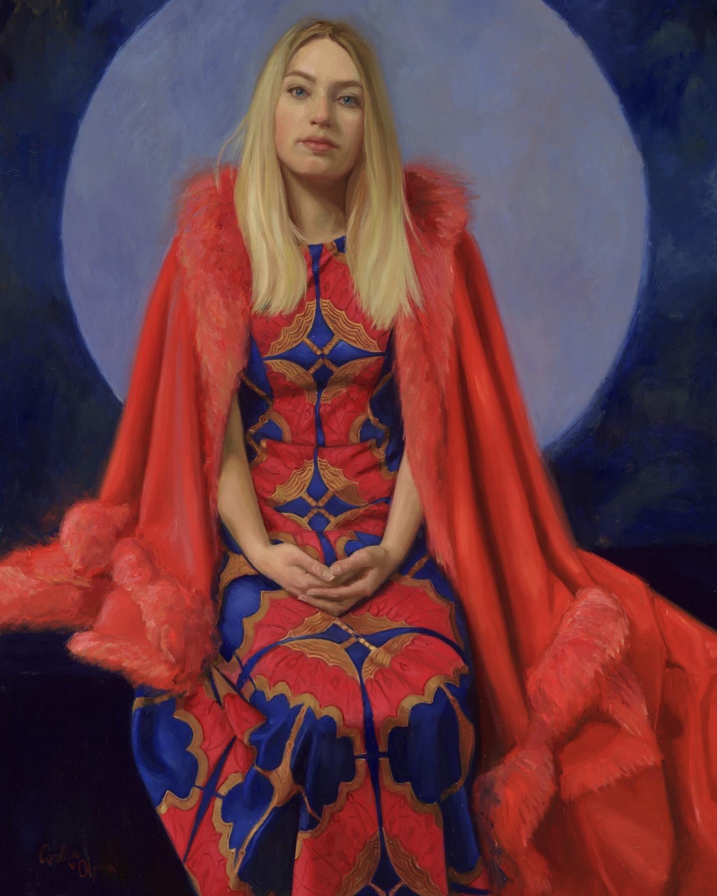 Figurenmalerei des 21. Jahrhunderts mit einem blonden Mädchen mit rotem und blauem Kleid – Painting von Carolien van Olphen