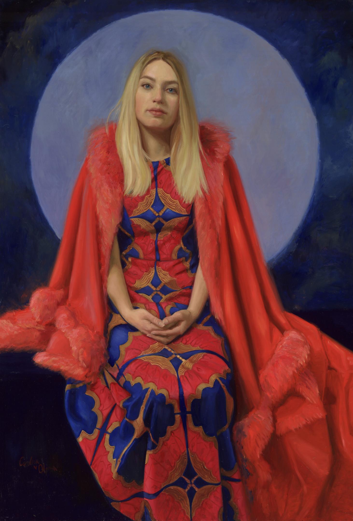 Patience- 21st Century Figure Painting of a blond girl with red and blue dress