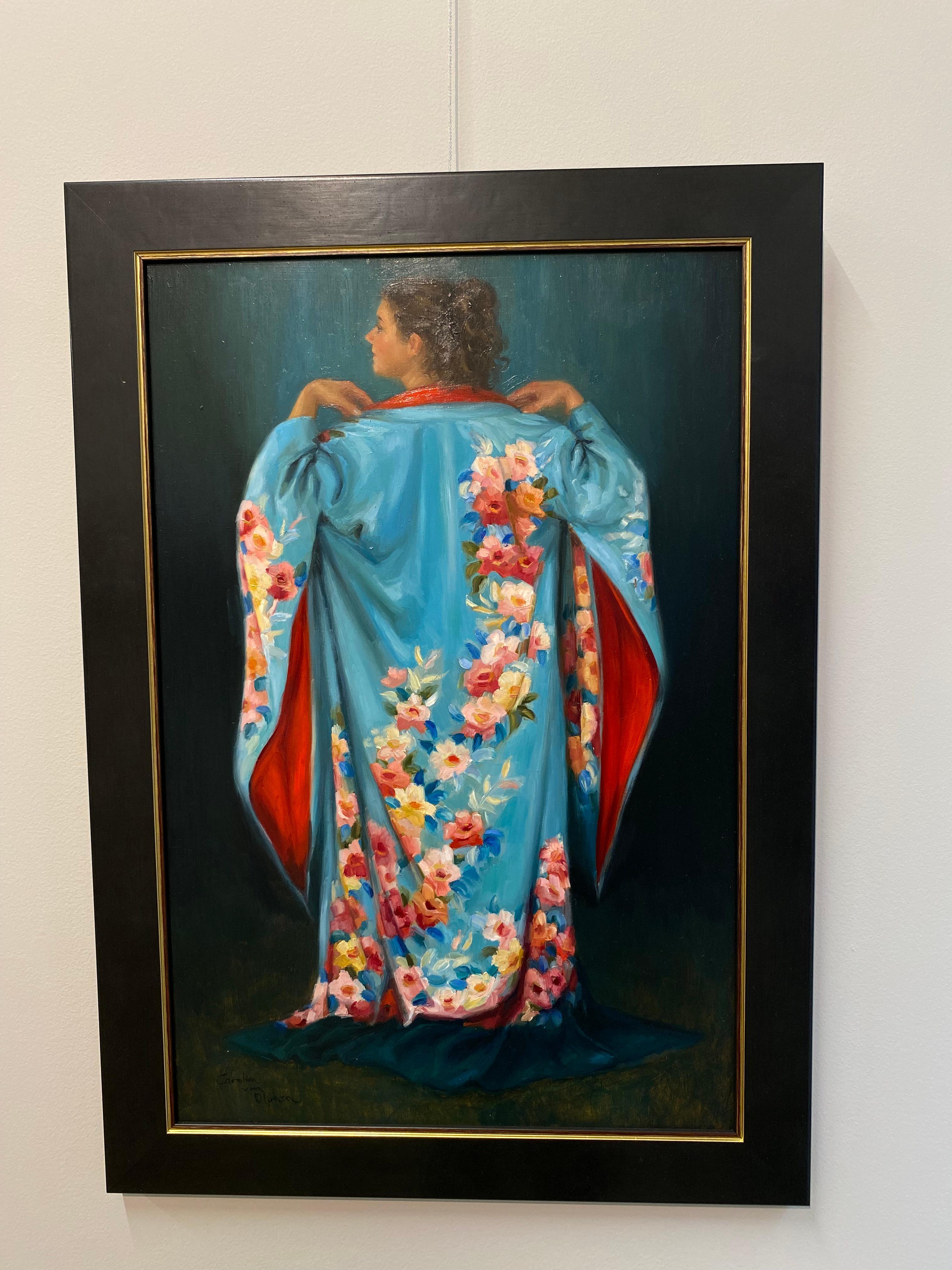 The Blue Kimono I - 21st Century Figure Painting of a Girl with a Blue Robe - Noir Portrait Painting par Carolien van Olphen