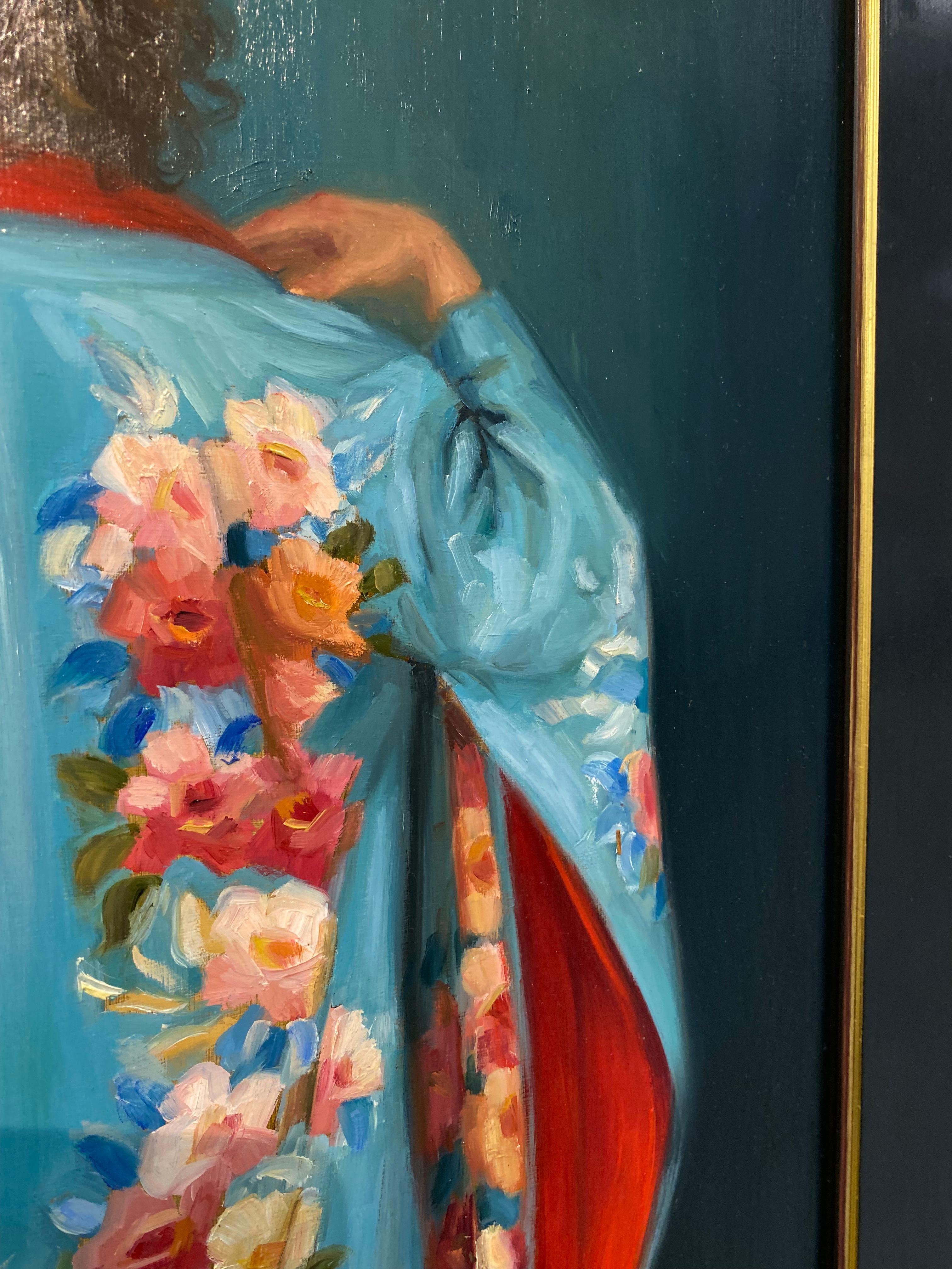 Carolien van Olphen
The Blue Kimono I
Oil on wood panel
60 x 40 cm
(Framed 68 x 48 cm, frame is included)


Dutch artist Carolien van Olphen has left a great impression in many places with her colorful portraits. In January 2022 she was nominated