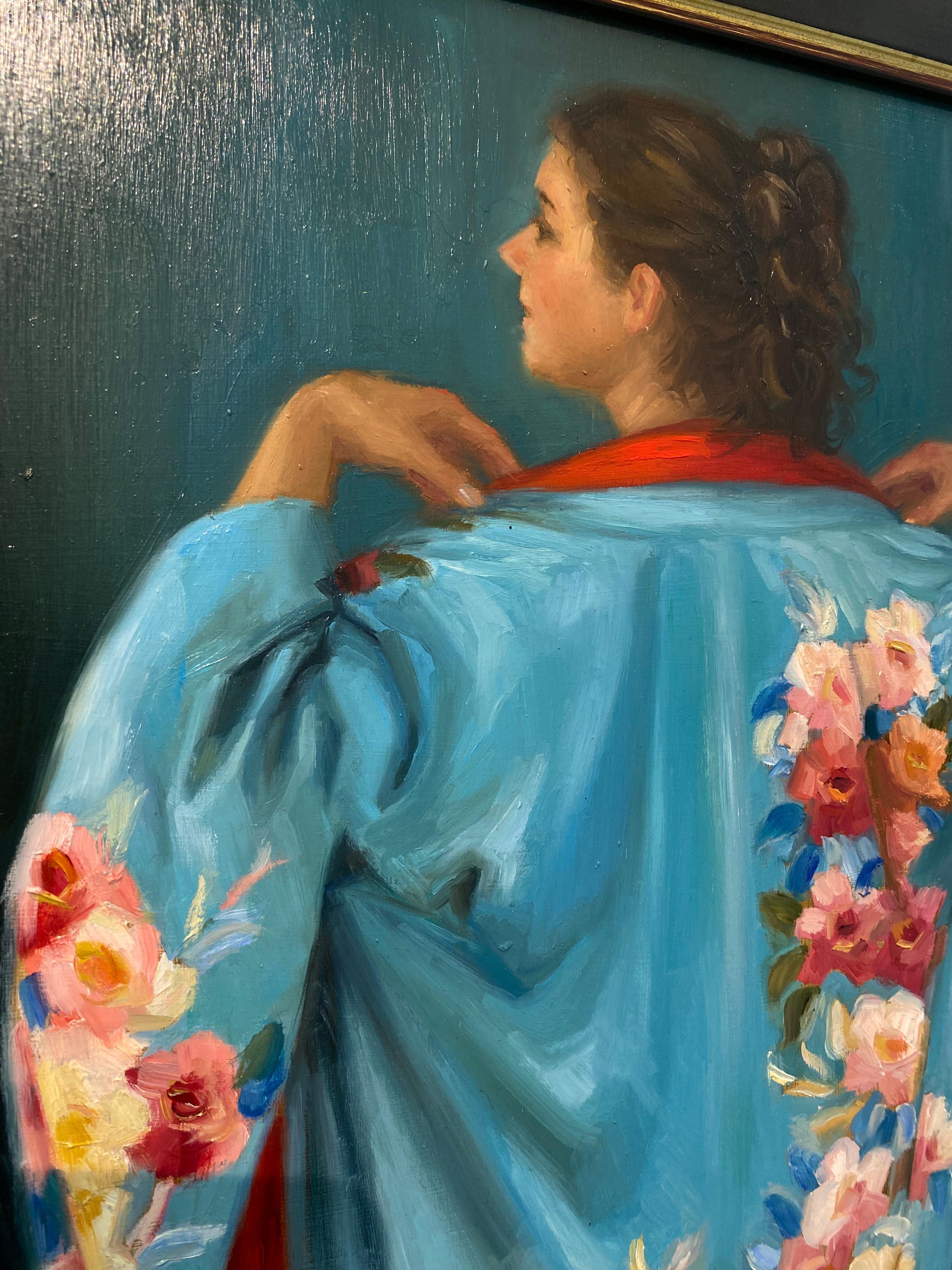 The Blue Kimono I - 21st Century Figure Painting of a Girl with a Blue Robe en vente 1