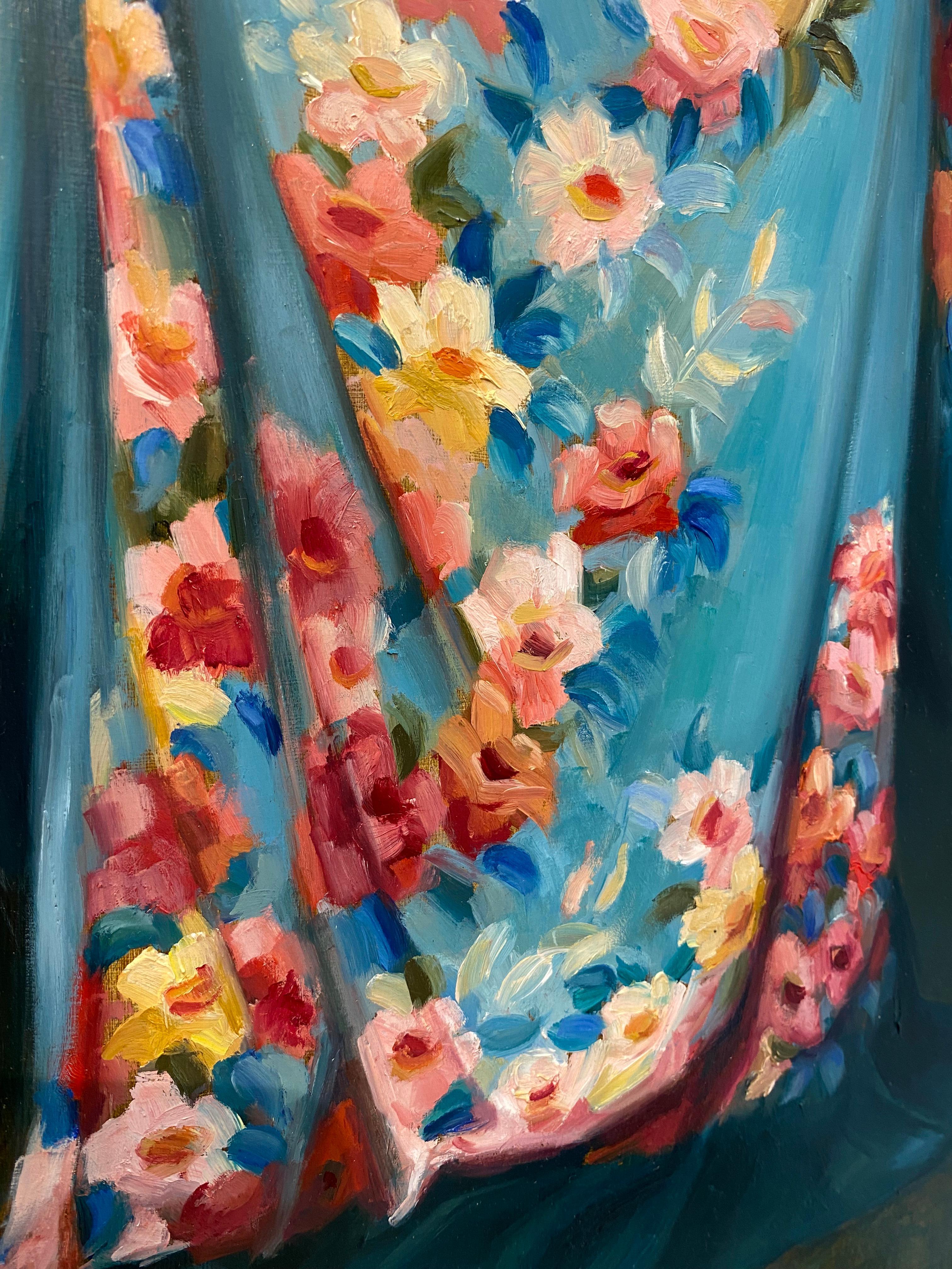 The Blue Kimono I - 21st Century Figure Painting of a Girl with a Blue Robe en vente 3