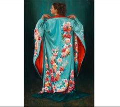 The Blue Kimono I - 21st Century Figure Painting of a Girl with a Blue Robe