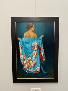 The Blue Kimono II - 21st Century Figure Painting of a Girl with a Blue Robe