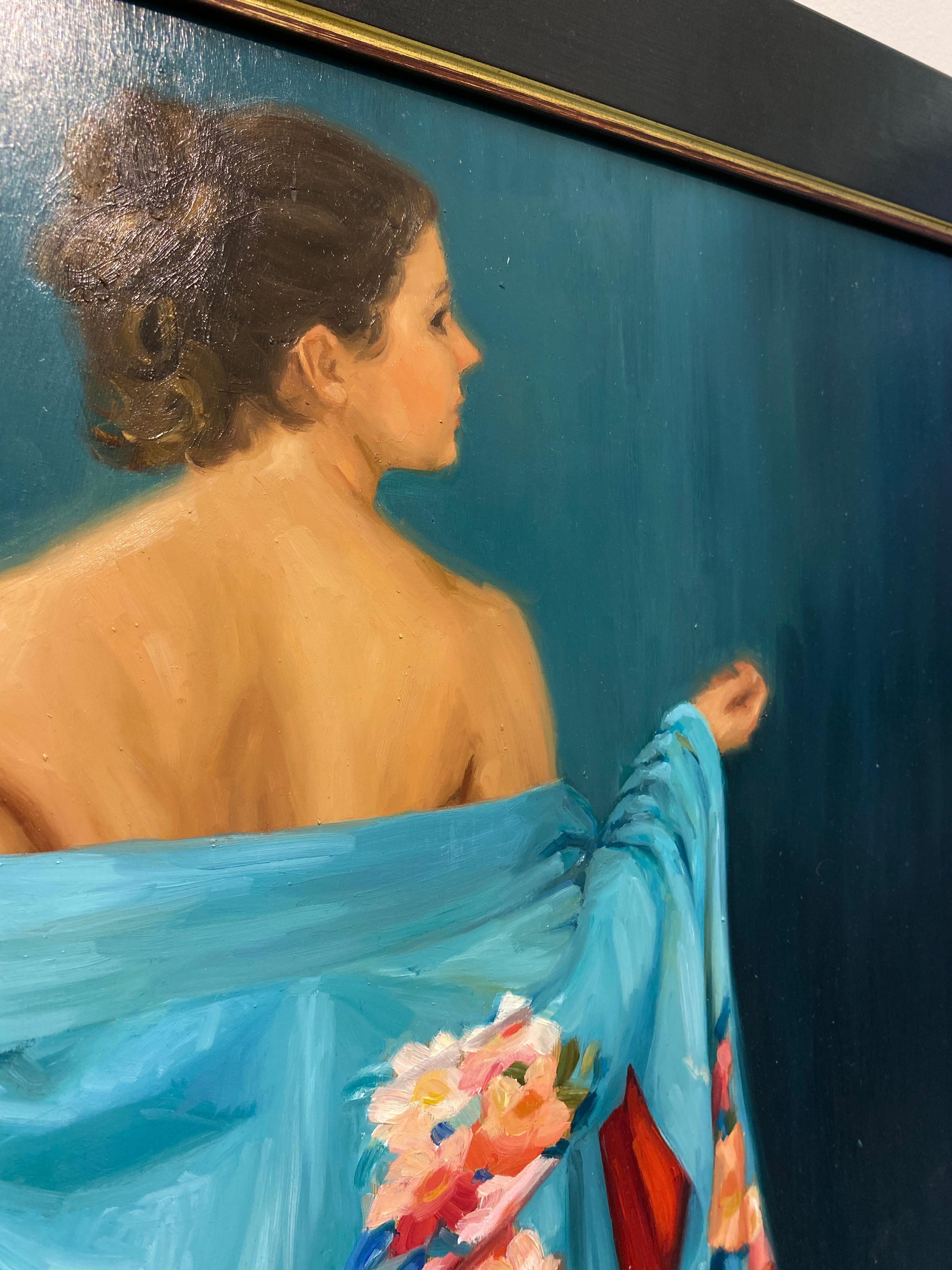 The Blue Kimono II - 21st Century Figure Painting of a Girl with a Blue Robe im Angebot 1