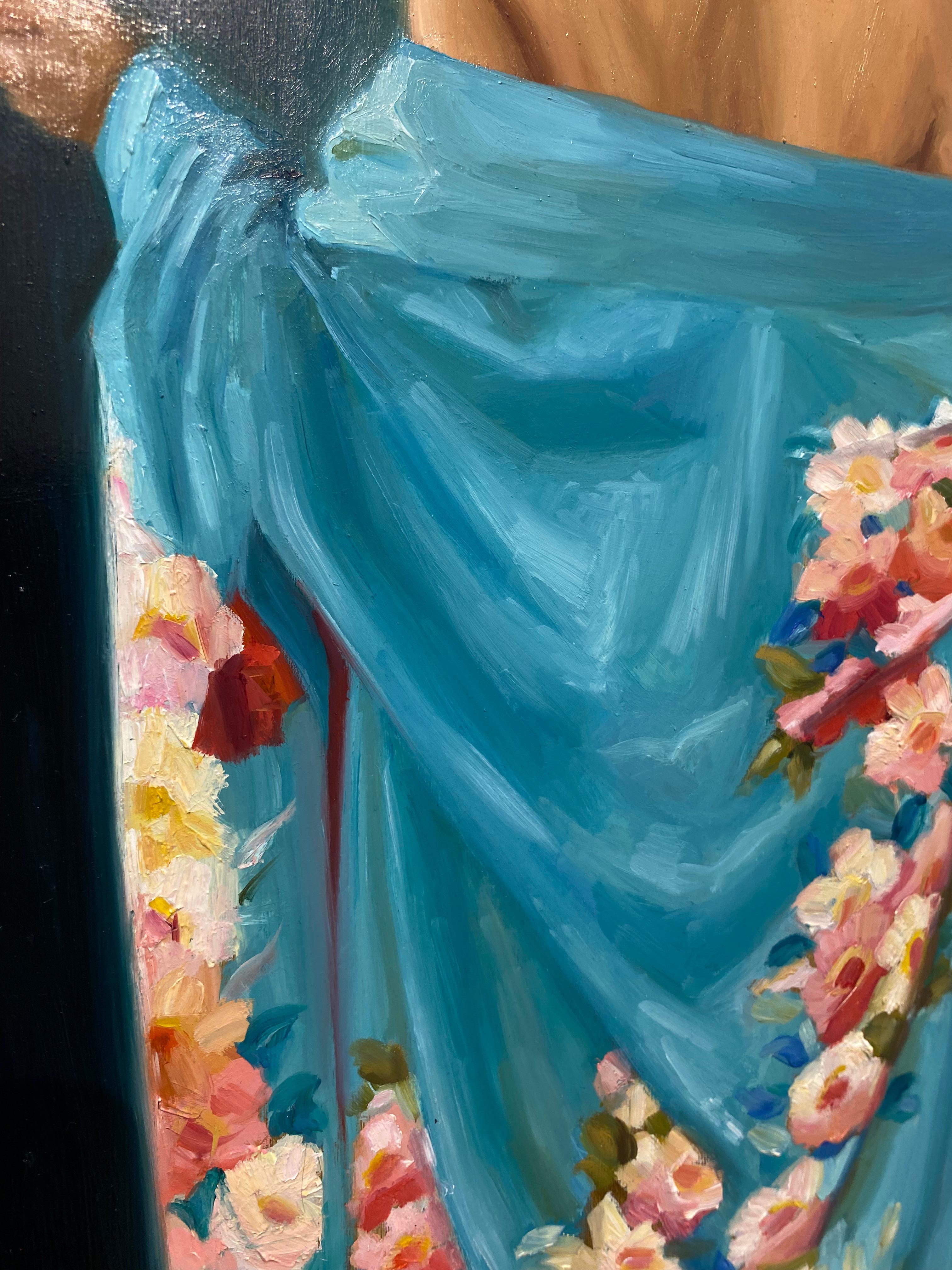 The Blue Kimono II - 21st Century Figure Painting of a Girl with a Blue Robe im Angebot 2