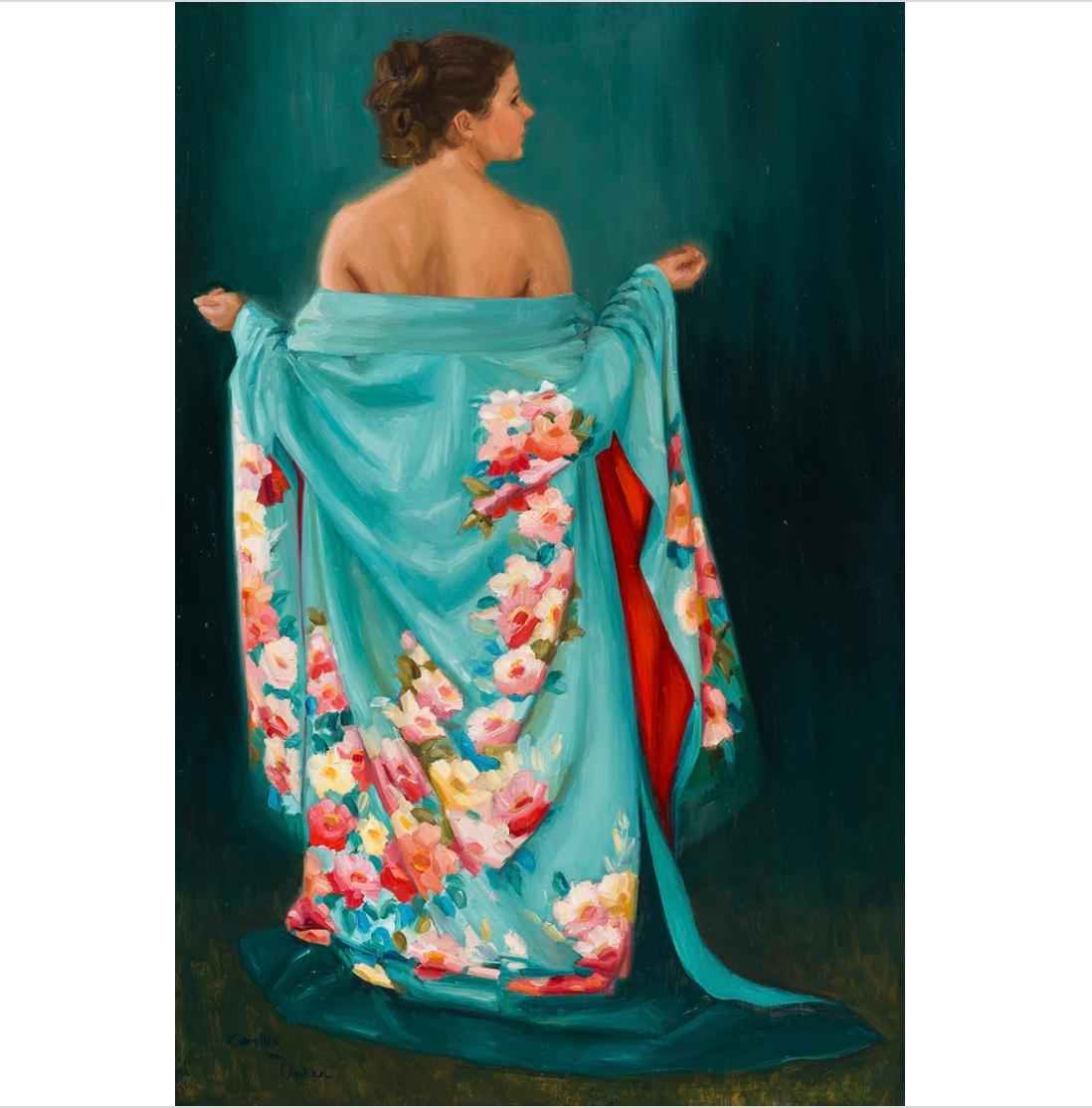 The Blue Kimono II - 21st Century Figure Painting of a Girl with a Blue Robe