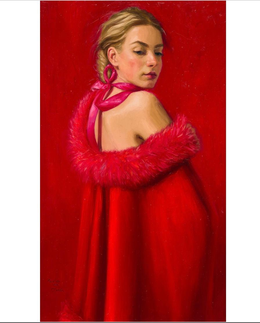 The Girl with the Red Cape - 21st Century Figure Painting of a Girl in a Robe