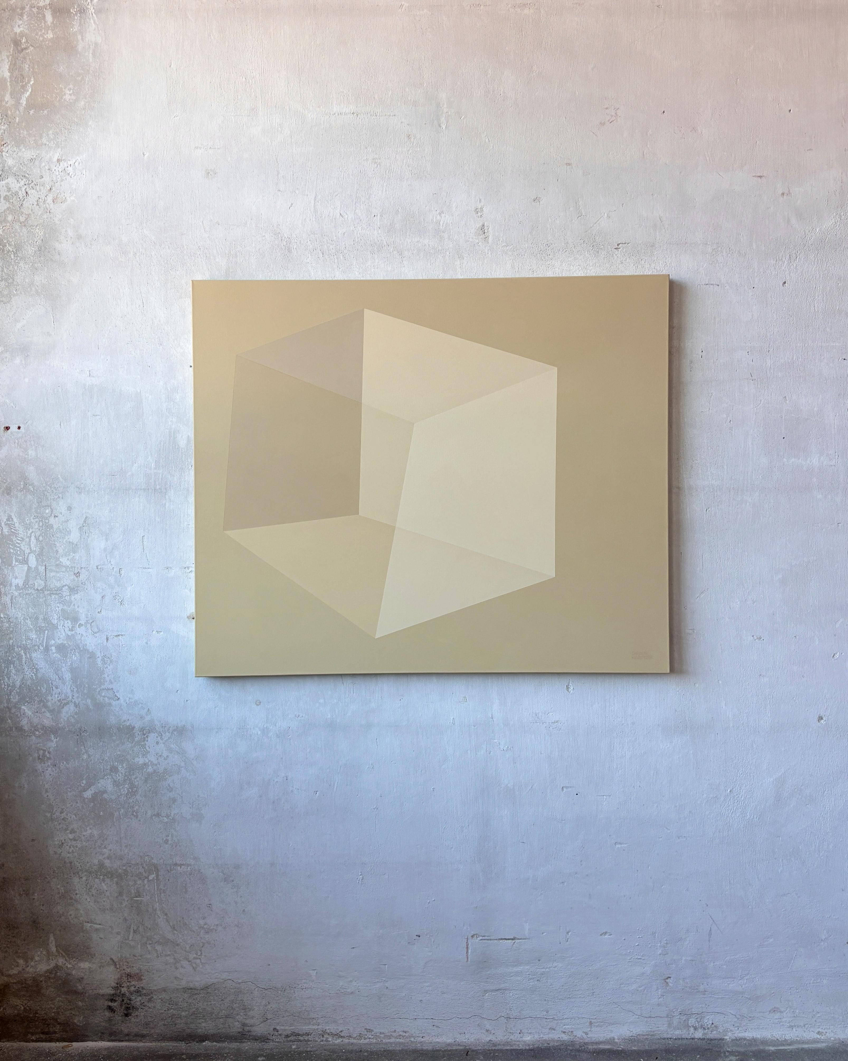 Caroline Kreutzer Architectural Cube Minimalist Geometric Abstraction Earth Tones (Cube architectural, abstraction géométrique minimaliste, tons de terre) - Beige Abstract Painting par Carolin Kreutzer
