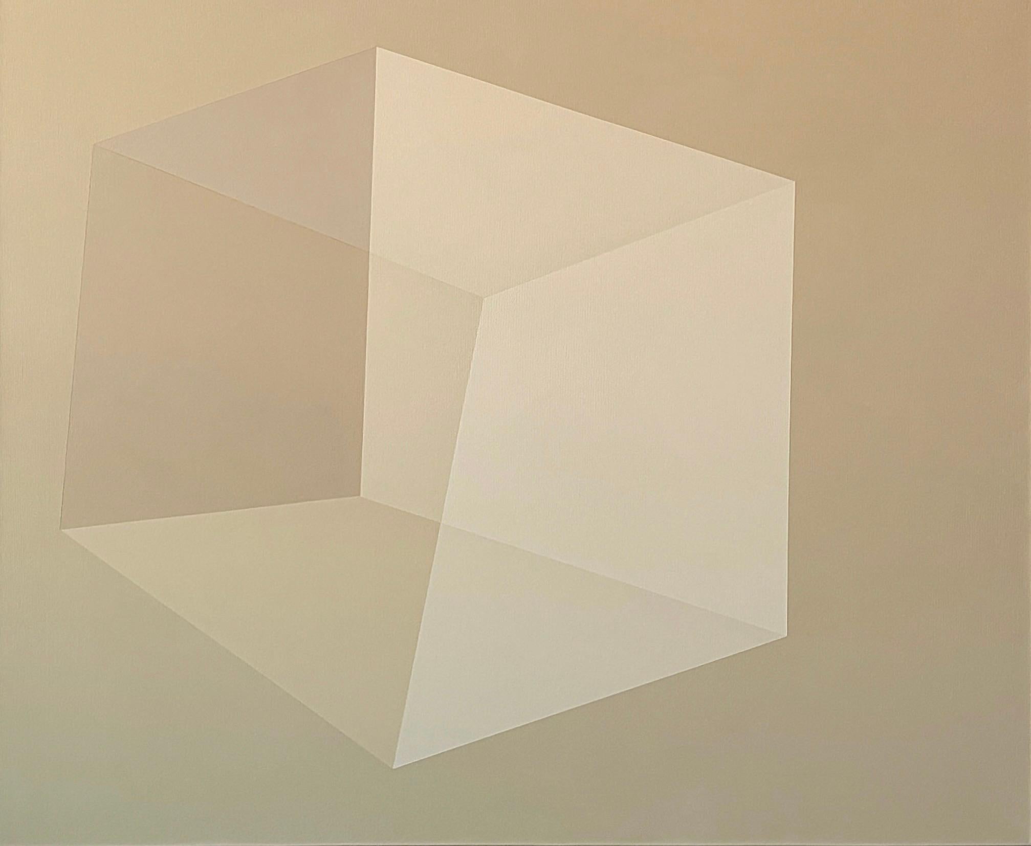 Abstract Painting Carolin Kreutzer - Caroline Kreutzer Architectural Cube Minimalist Geometric Abstraction Earth Tones (Cube architectural, abstraction géométrique minimaliste, tons de terre)