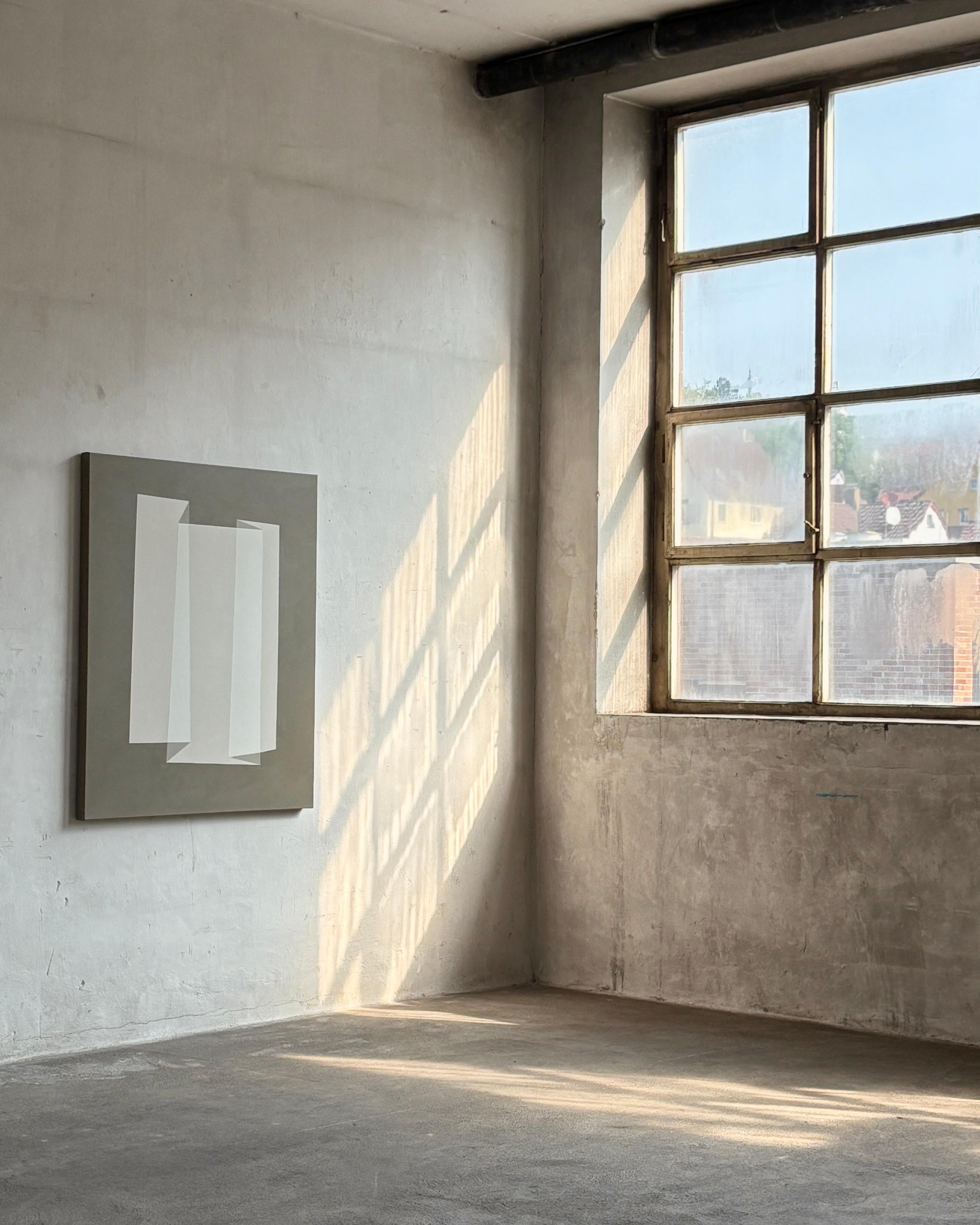 Pintura acrílica abstracta geométrica minimalista con formas arquitectónicas en tierra en venta 1