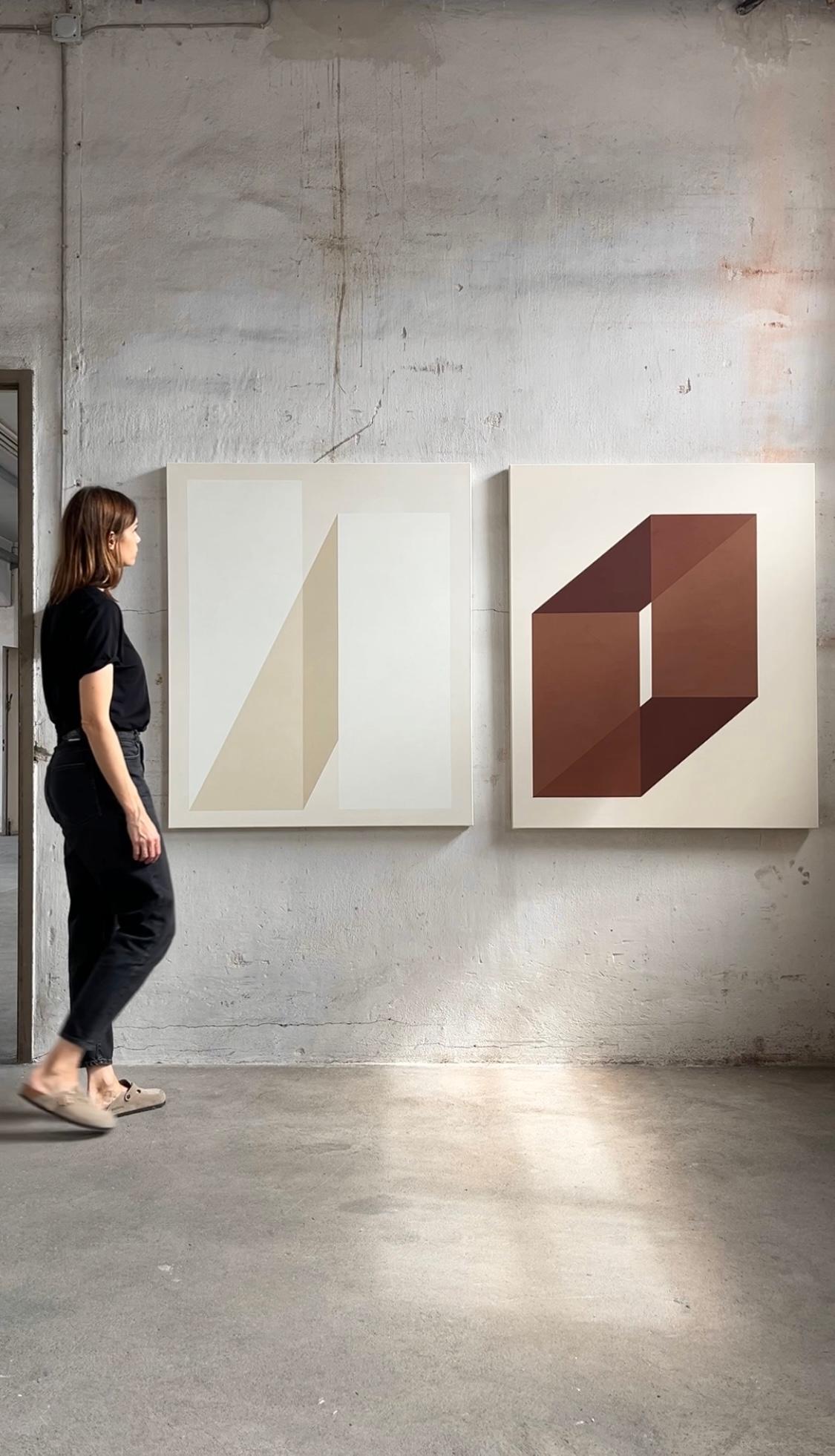 Pintura acrílica abstracta geométrica minimalista con formas arquitectónicas en tierra en venta 2