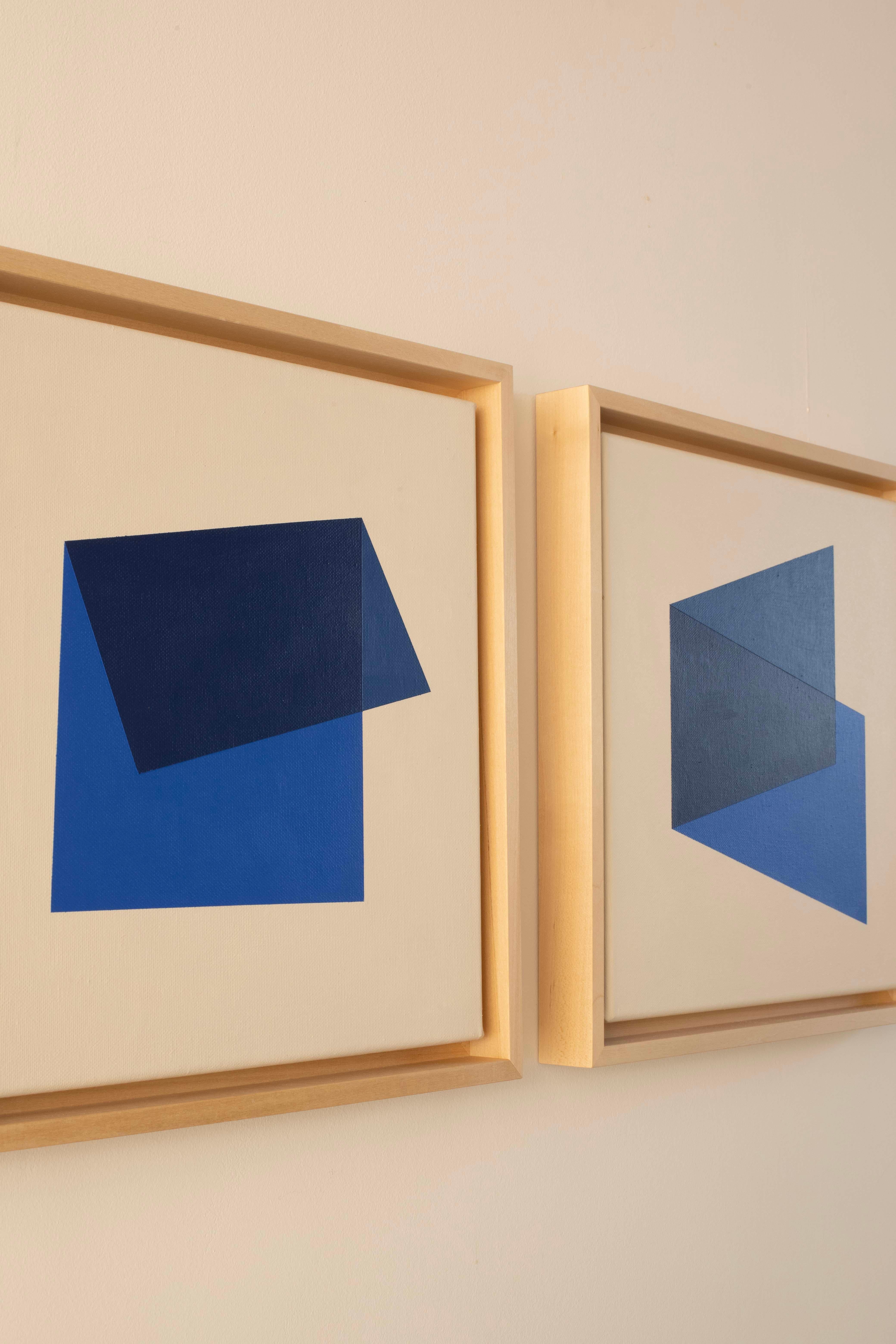 Minimalistisches Geometrisches Abstraktes Gemälde Diptychon Blautöne von Carolin Kreutzer im Angebot 1