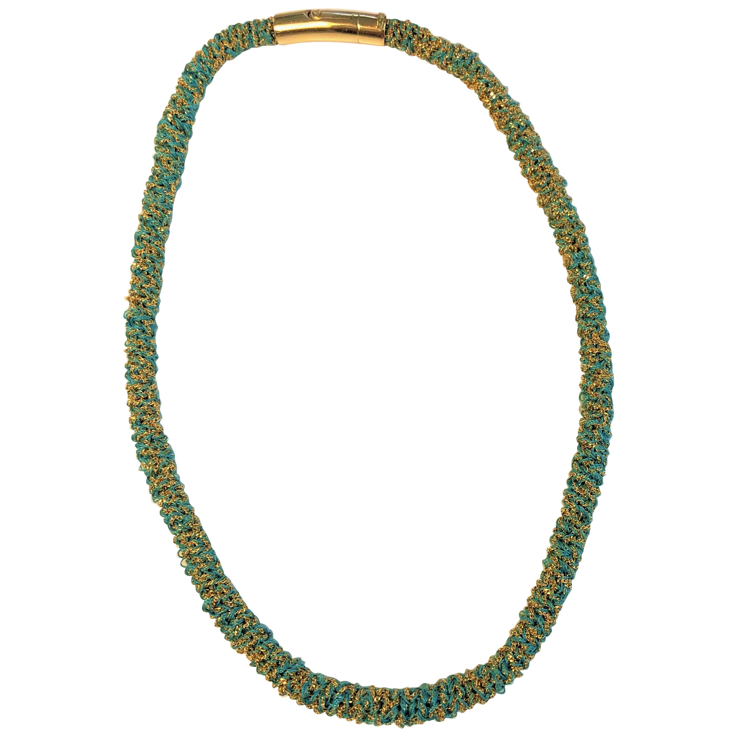 Carolina Bucci 18 Karat Gold and Turquoise Color Woven Necklace or Bracelet For Sale