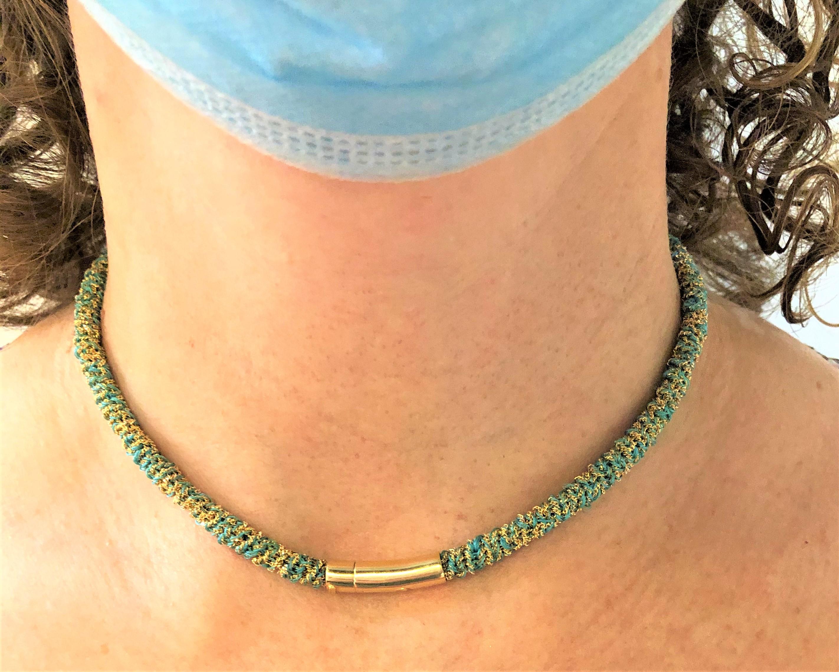 Women's or Men's Carolina Bucci 18 Karat Gold and Turquoise Color Woven Necklace or Bracelet For Sale