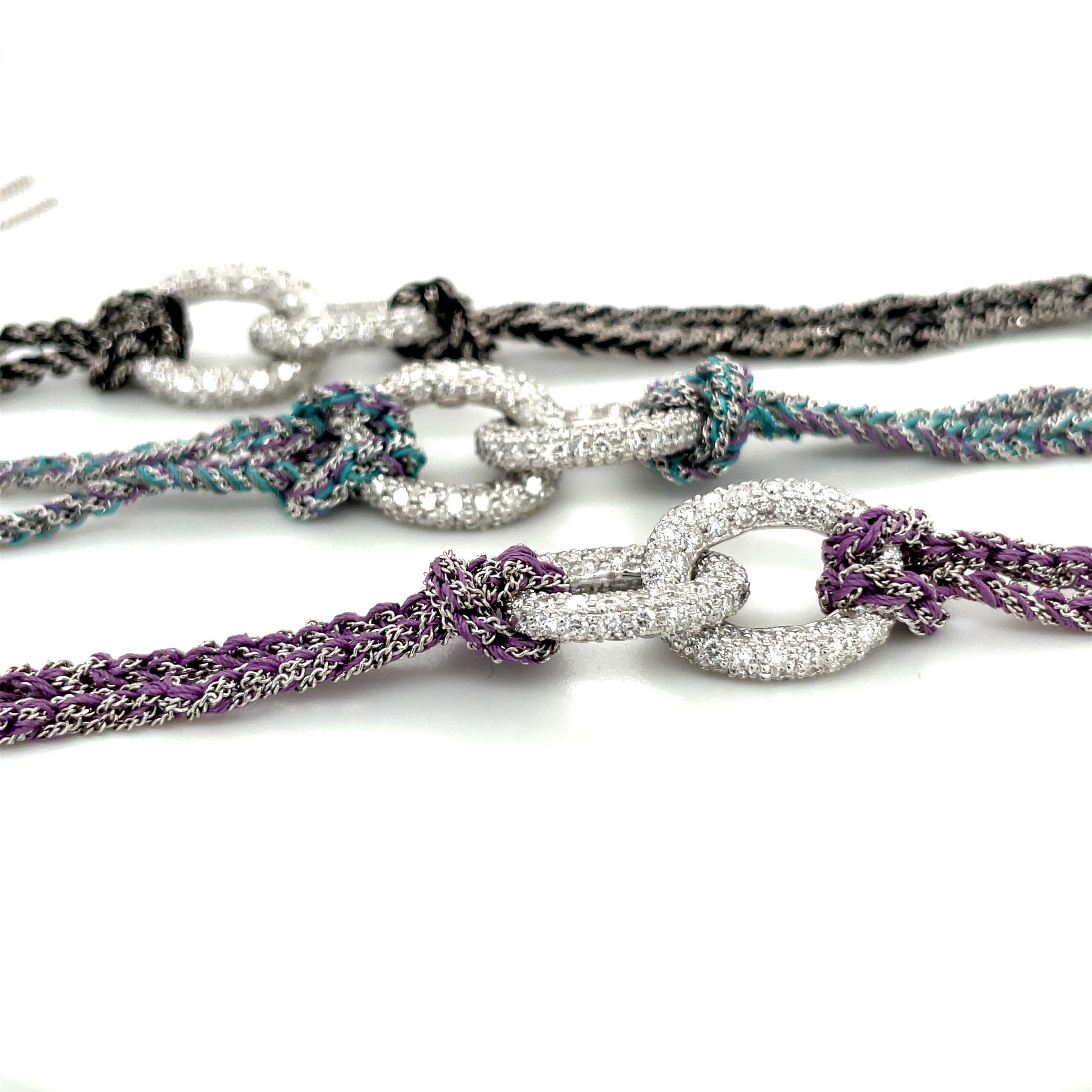 Modern Carolina Bucci 18kt WG Diamond 2.71ct. & Silk Teal/Purple Lucky Bracelet For Sale