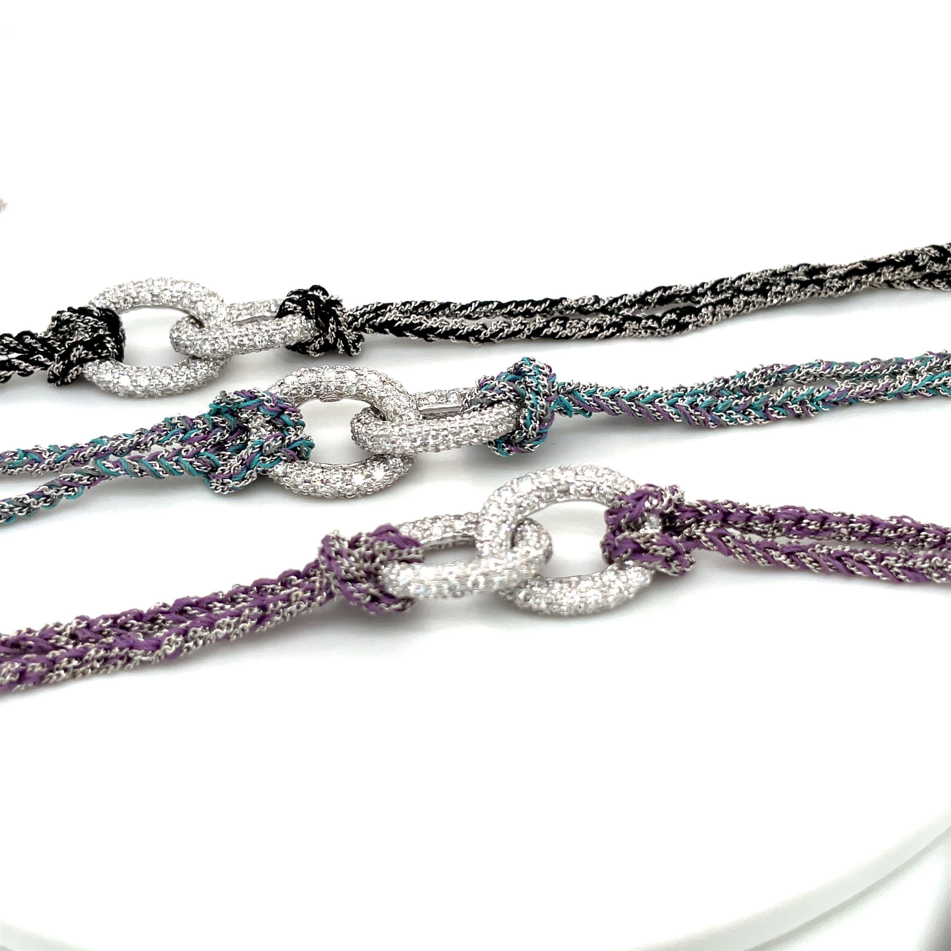 Round Cut Carolina Bucci 18kt WG Diamond 2.71ct. & Silk Teal/Purple Lucky Bracelet For Sale