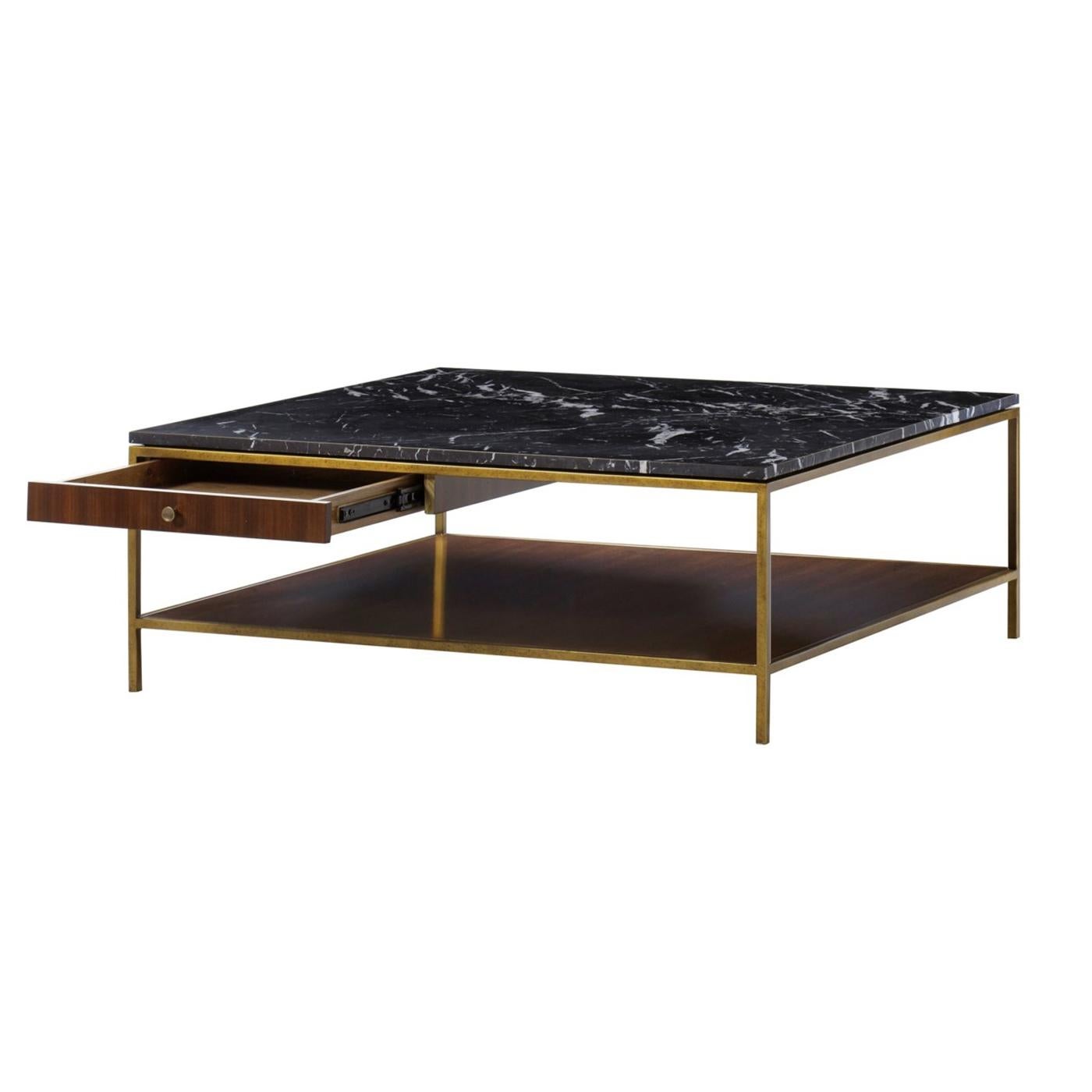 Coffee table Carolina with structure in metal in brass
finish with solid oak and walnut structure. With black
marquina marble top. Side table including 1 drawer.