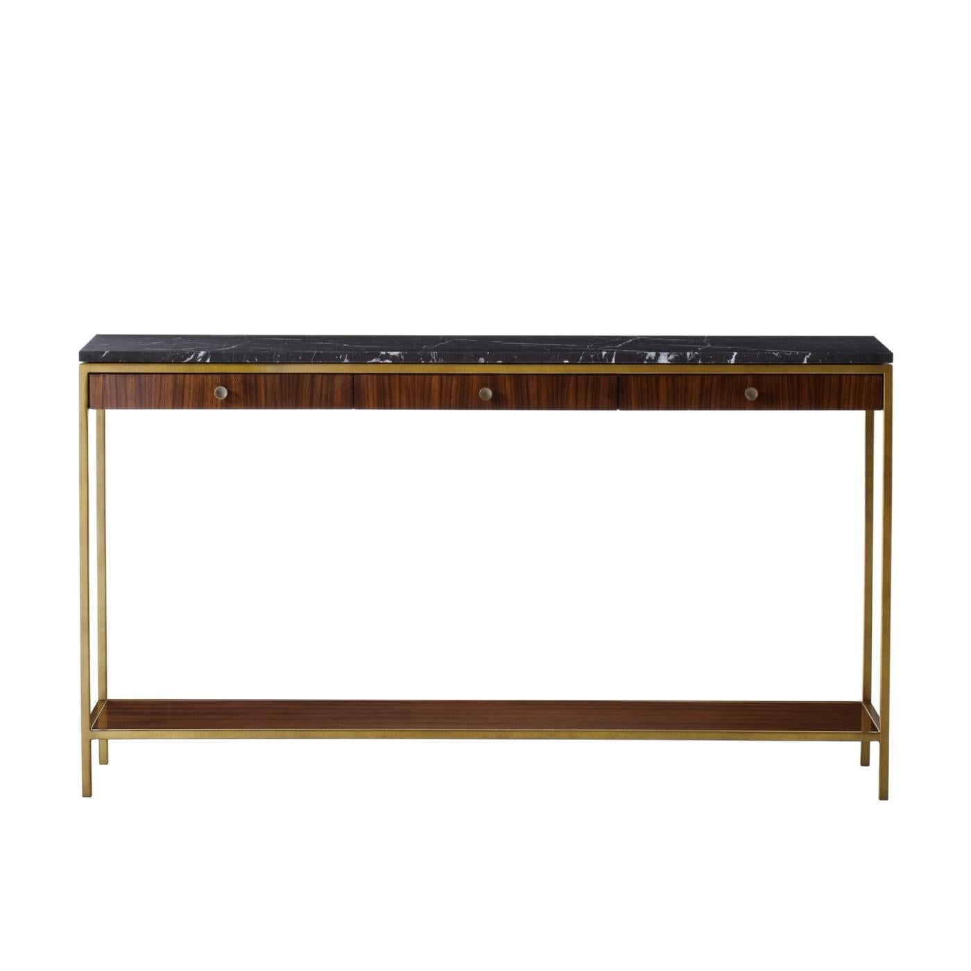 Console table Carolina with structure in steel in brass
finish with solid oak and walnut structure. With black
marquina marble top. Console table including 3 drawer.