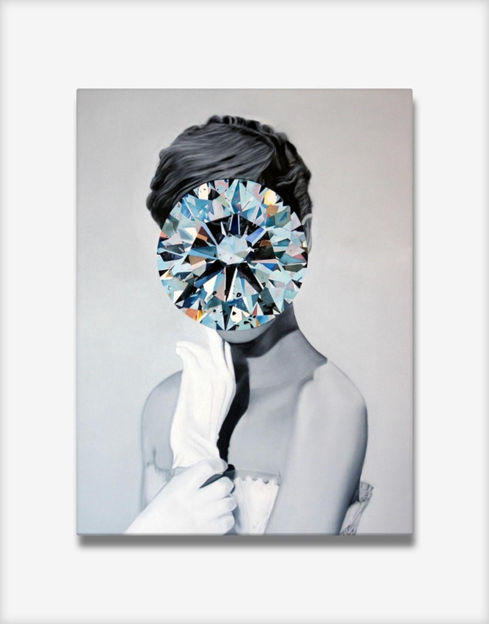 Diamante de la serie Piedra Espejo (Pintura Retrato - Audrey Hepburn) - Abstract Painting Gris de Carolina Gomez