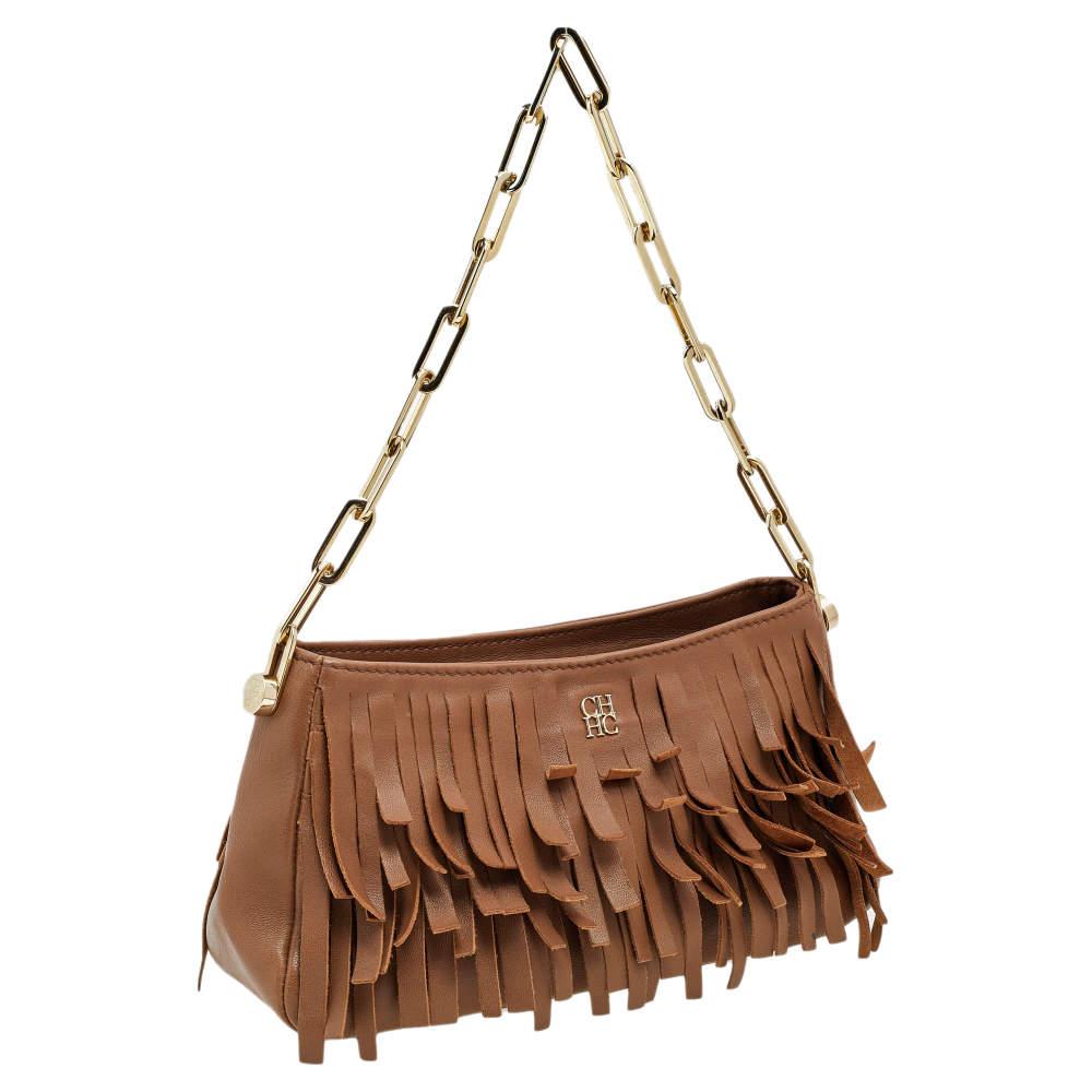 Carolina Hererra Brown Leather Fringe Chain Shoulder Bag In Good Condition For Sale In Dubai, Al Qouz 2