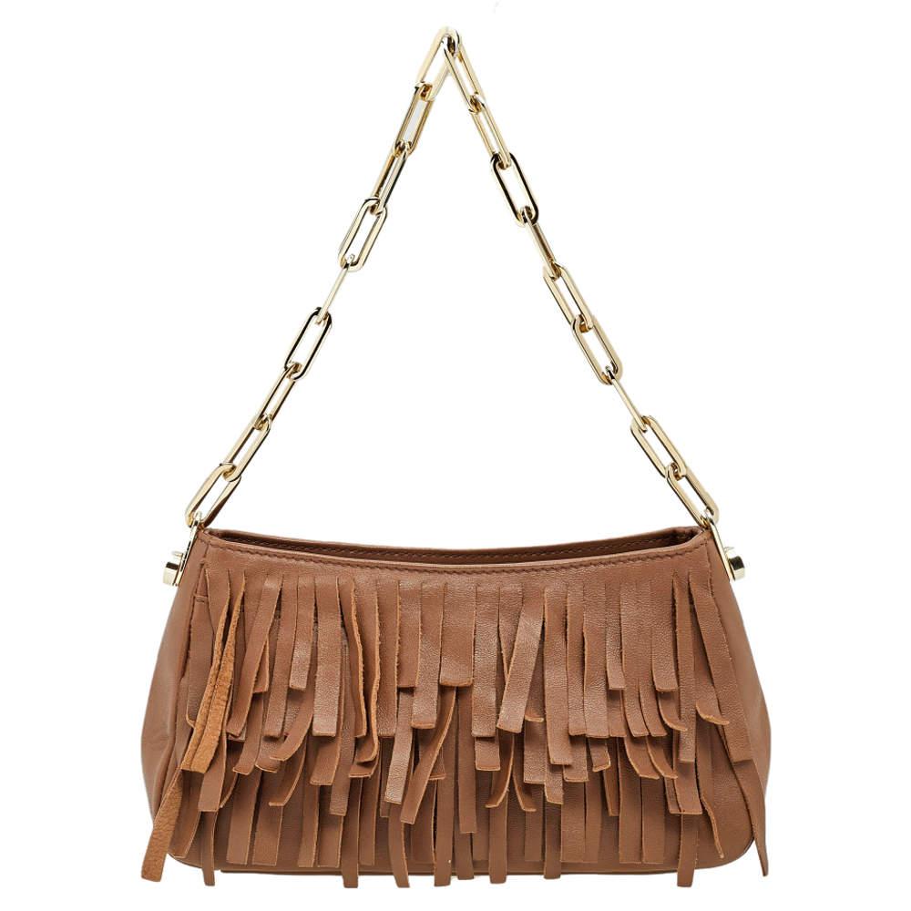 Women's Carolina Hererra Brown Leather Fringe Chain Shoulder Bag For Sale