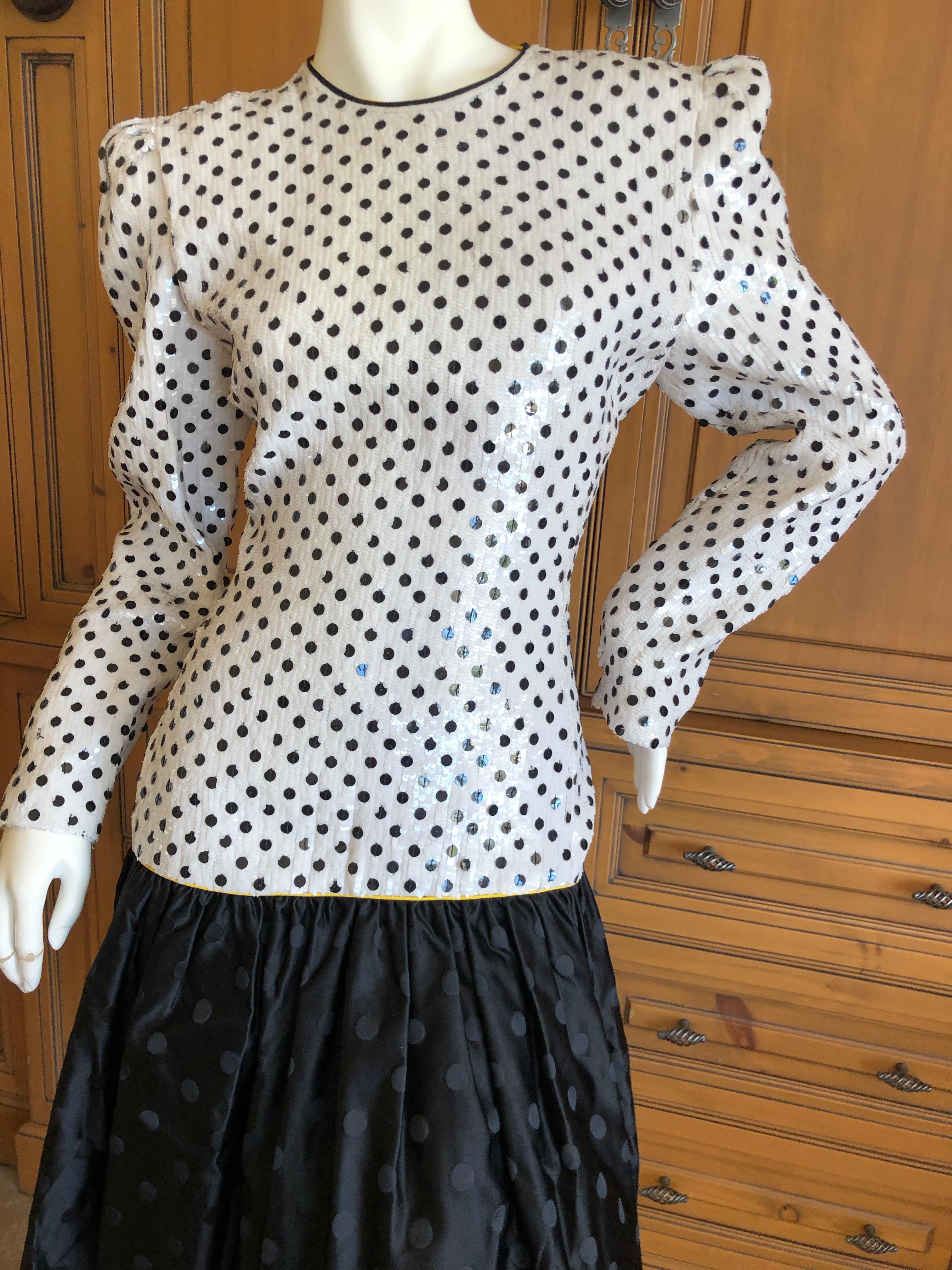Carolina Herrera 1982 Sequin Black and White Polka Dot Cocktail Dress In Excellent Condition For Sale In Cloverdale, CA