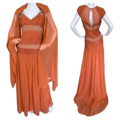 Carolina Herrera 30's Style Orange Silk Embellished Evening Gown w Shawl Size 12