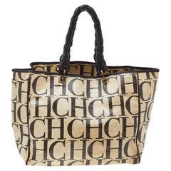 Carolina Herrera Beige/Brown Monogram Canvas And Leather Braided Handle Tote