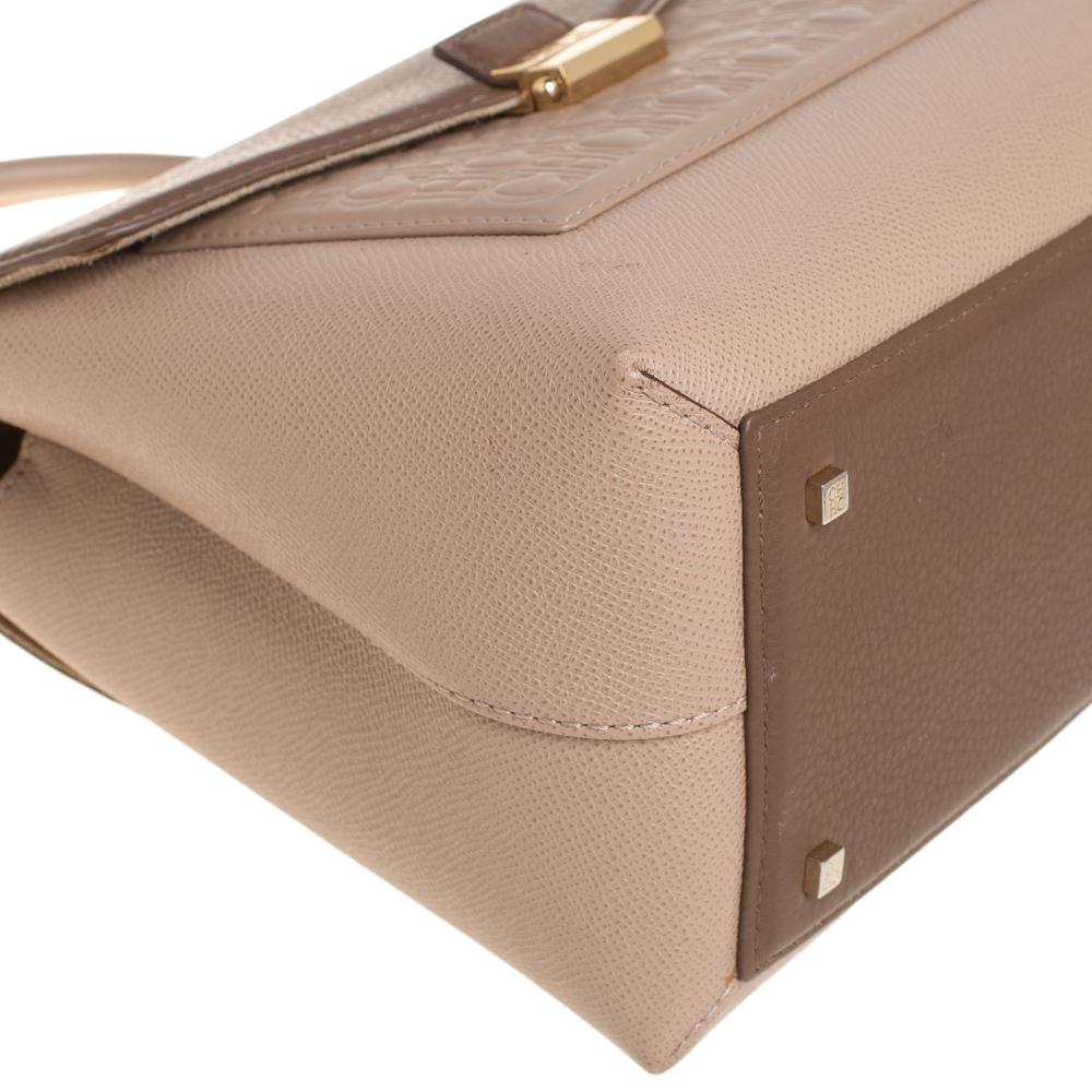 Carolina Herrera Beige/Brown Monogram Embossed Leather Top Handle Bag 5