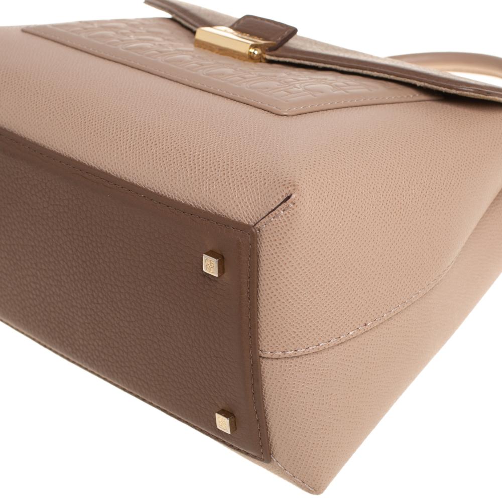 Carolina Herrera Beige/Brown Monogram Embossed Leather Top Handle Bag 6