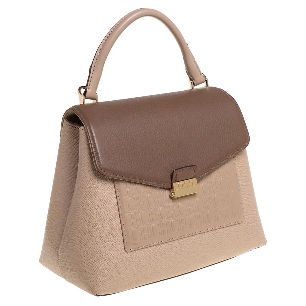 Carolina Herrera Beige/Brown Monogram Embossed Leather Top Handle Bag In Good Condition In Dubai, Al Qouz 2