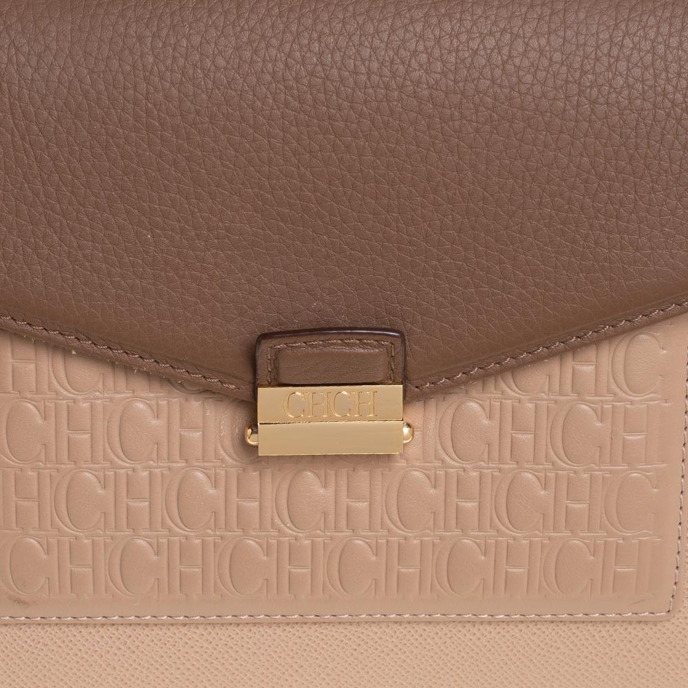 Carolina Herrera Beige/Brown Monogram Embossed Leather Top Handle Bag 4
