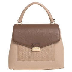 Carolina Herrera Beige/Brown Monogram Embossed Leather Top Handle Bag