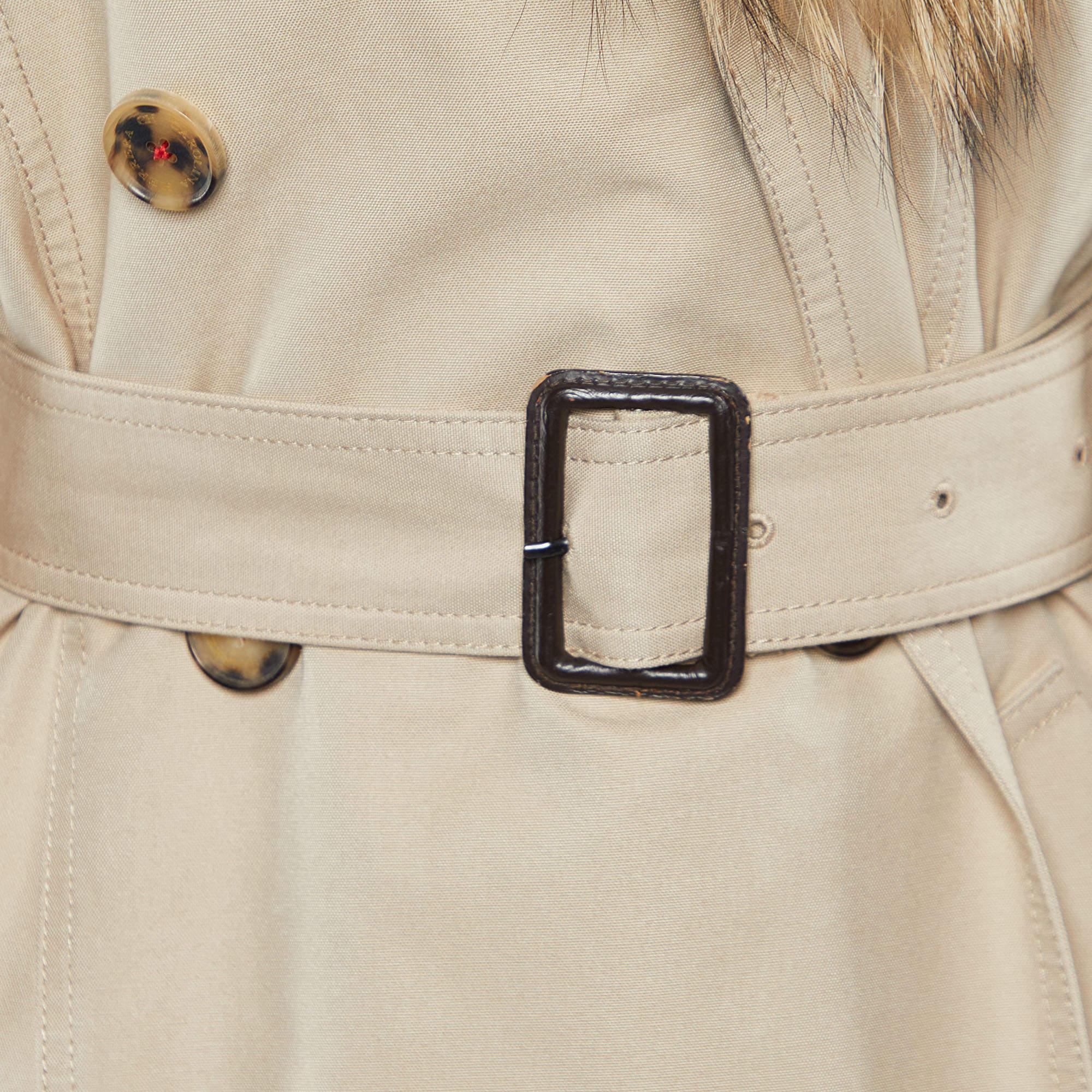 Carolina Herrera Beige Gabardine & Fur Detail Collar Trench Coat L For Sale 1