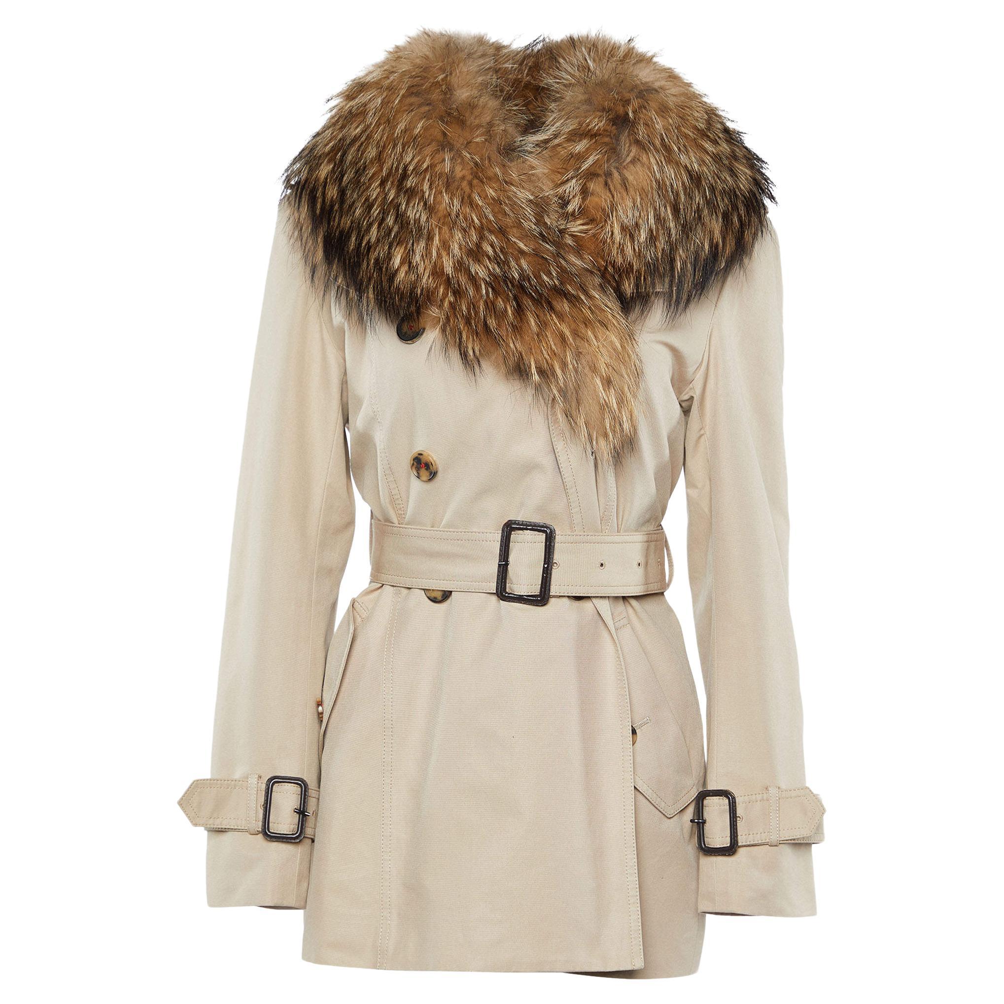 Carolina Herrera Beige Gabardine & Fur Detail Collar Trench Coat L For Sale