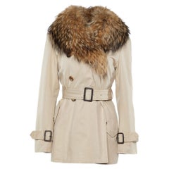 Carolina Herrera Beige Gabardine & Fur Detail Collar Trench Coat L