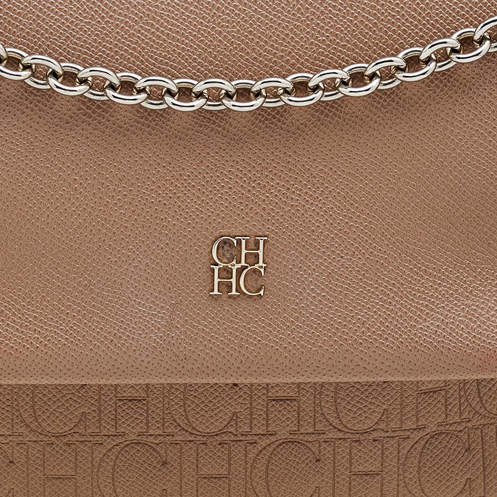 Carolina Herrera Beige Leather Monogram Embossed Minuetto Top Handle Bag 2