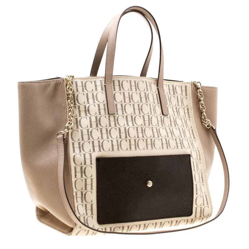 Carolina Herrera Beige/Off White Monogram Canvas and Leather Shopper Tote In Good Condition In Dubai, Al Qouz 2