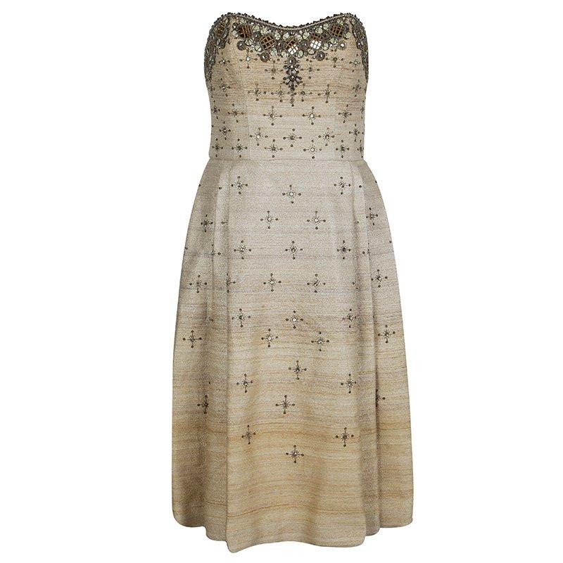 Carolina Herrera Beige Ombre Raw Silk Embellished Strapless Dress M For ...