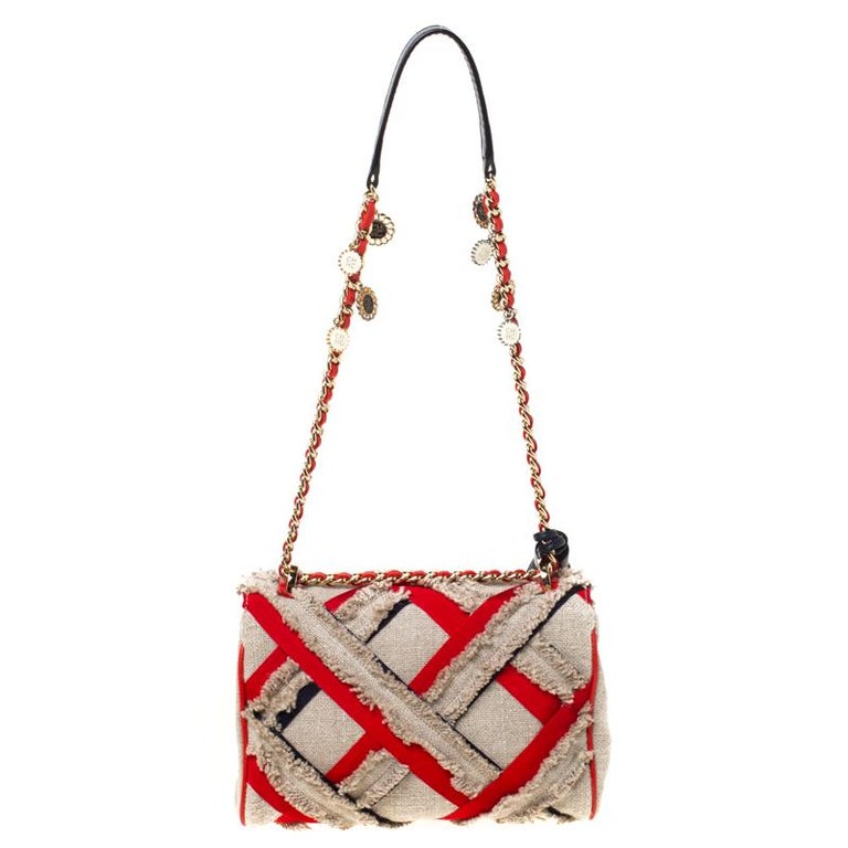 Carolina Herrera Beige/Red Tweed and Fabric Embellished Shoulder Bag ...