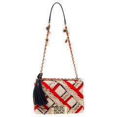 Carolina Herrera Beige/Red Tweed and Fabric Embellished Shoulder Bag