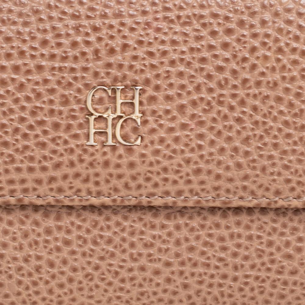 Carolina Herrera Beige Textured Leather Logo Flap Wallet 5