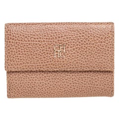 Carolina Herrera Beige Textured Leather Logo Flap Wallet