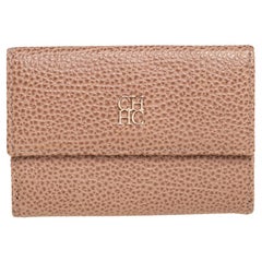 Carolina Herrera Beige Textured Leather Logo Flap Wallet