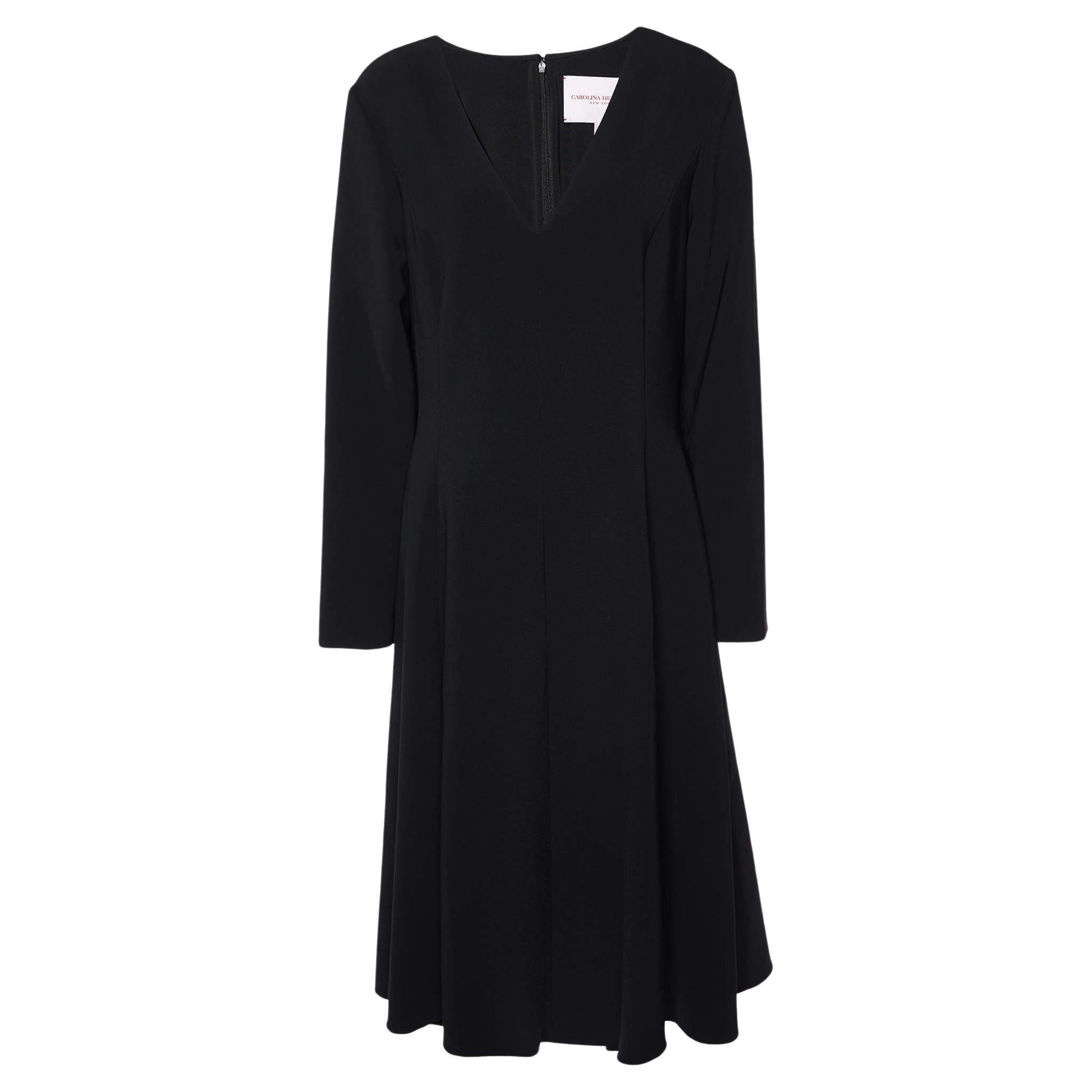 Carolina Herrera Black Cady Flared Midi Dress L For Sale
