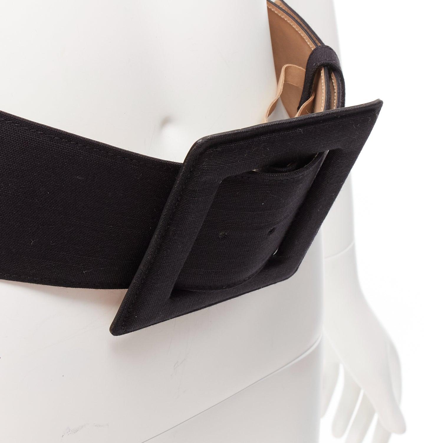 CAROLINA HERRERA black canvas nude leather lining wide big buckle belt S For Sale 3
