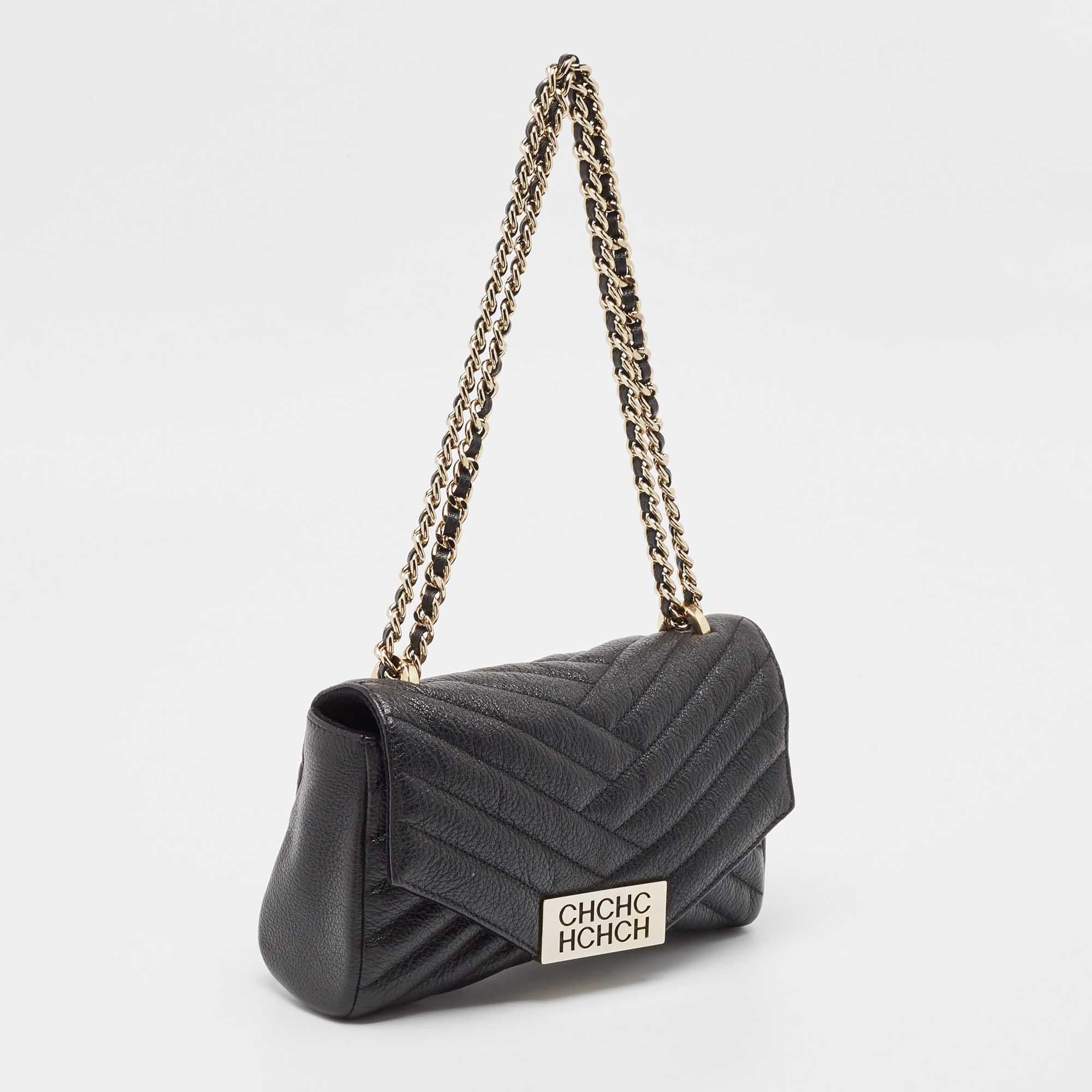 Carolina Herrera Black Chevron Leather Bimba Flap Shoulder Bag In Good Condition In Dubai, Al Qouz 2